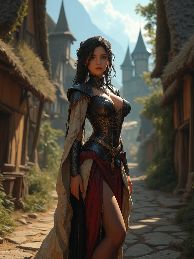 score_9, score_8_up, score_7_up, (((Solo focus))) score_9, score_8_up, score_7_up, (((Solo focus))) Design a fantasy character set against a dark and sinister background. She looks like s;y, suspicious, lithe female character in a fantasy setting, wearing medieval fantasy attire. Rugged adventuring attire., trending on Artstation, digital art, unreal engine, 8k, ultra HD, centered image, solo focus, unreal engine, sharp focus, dappled lighting, (backlighting:0.7), film grain, photographed on a Sony A7R IV, 18mm F/1.7 cine lens