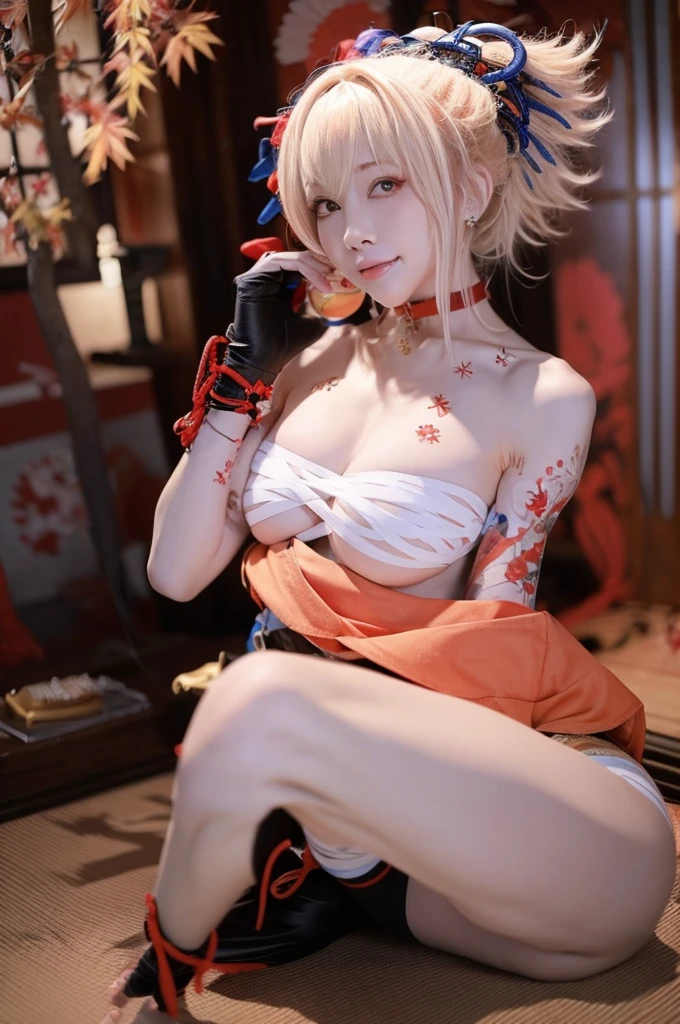masterpiece, exquisite, high-resolution, single woman, blonde, medium hair, asymmetrical hair, floating hair, blindfold, high ponytail, side lock, hair ornament, fish hair ornament, tassels, kanzashi, bangs, orange eyes, open mouth, smile, teeth, upper teeth only, choker, red choker, pendant choker, butterfly choker, collarbone, tattoo, chest tattoo, flower tattoo, cleavage, middle chest, thighs, bandages, bandaged legs, sarashi, budget sarashi, chest sarashi, black sash, hadanugi dosa,, kimono, kimono, drawstring, obi, obiage, obijime, orange kimono, drawstring, patterned kimono, rope, obi, shimenawa, short kimono, bare shoulder, genshin, east east Asian architecture, cherry blossoms, full body, squatting, sparkler, night, fireworks, fireworks, legs crossed,  Feet, Single Gloves, Single Fingerless Gloves, Wristband, Black Socks,