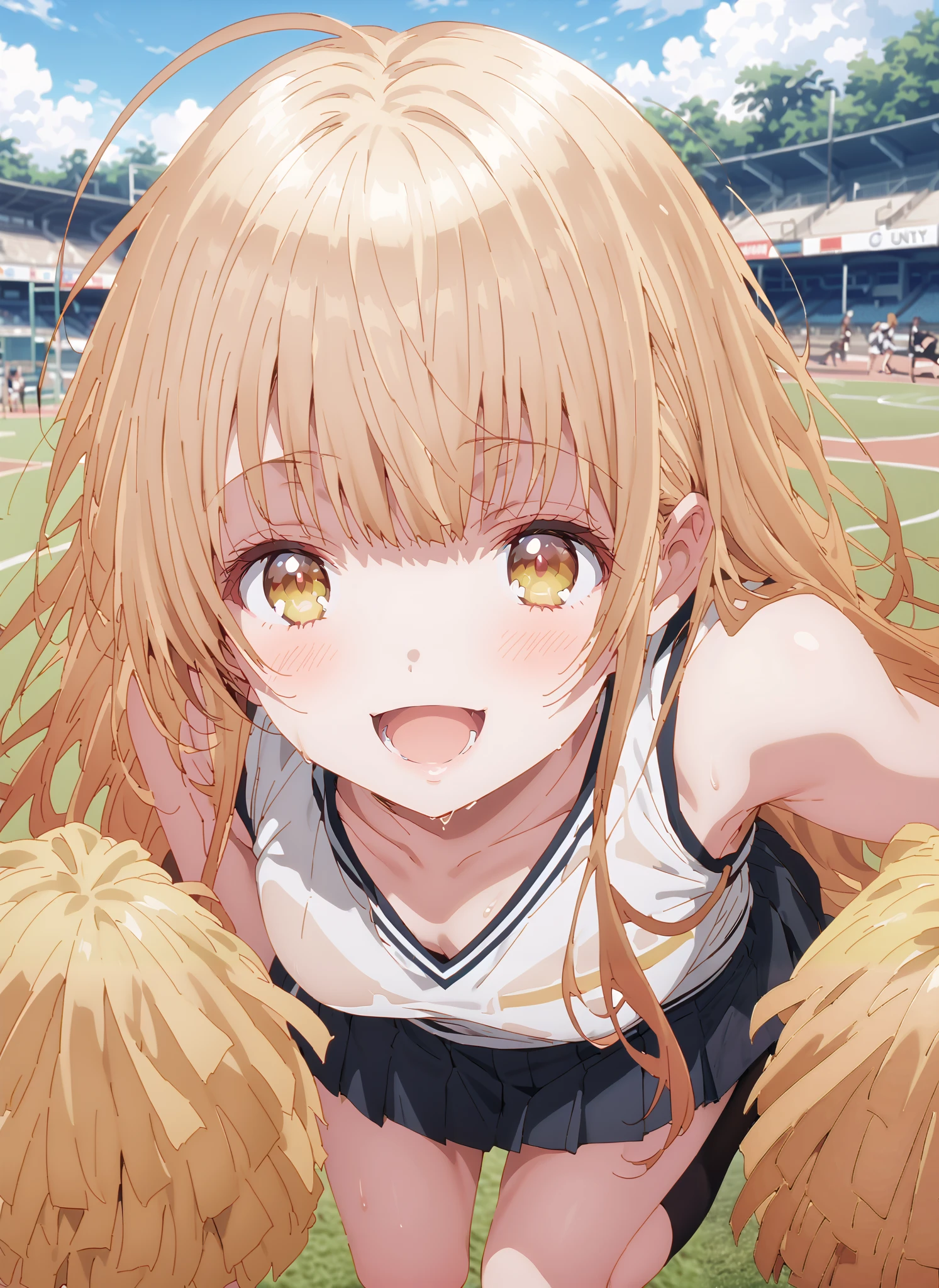 It's so dizzying, Mahiru Shiina, bungs, blonde hair, brown hair, yellow eyes,long hair,smile,blush,open your mouth,,(cheerleading), (full body), on chest, (semen), semen Wet Clothes, (white clothes),sleeveless, pleated skirt,black socks,sneakers,belly button sticking, playground, (jump), (jump),and raise both arms, 両足を曲げてjumpする, , blue sky, Compa, smile,cheerleader with radiant skin, Pom-pom \(cheerleading\) real hair ornaments,break looking at viewer,full body,
break outdoors,Stadium,
break (masterpiece:1.2),top quality , kampala, Unity 8K Wallpaper ,(shape:0.8),( fine, beautiful eyes :1.6),It's a person ,full body写真,CG Details , (perfect hands with full nudity,complete anatomy),