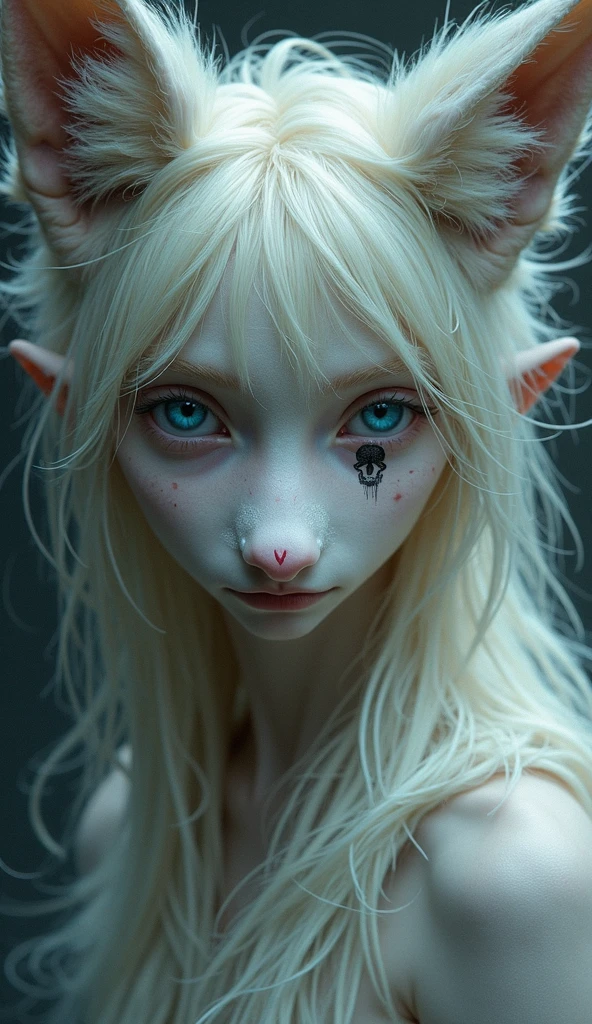 one girl, fox ears, , pure, cute naked, topless, a Woman alien mix, human Body, big tits, fox skin, alien fox nose but the Rest of the face ist human, (((whiskers))) big eyes, full black eyes, hybride 10 % fox 50 %alien and 40 % human, face mostly woman,furry at Body Arms and shoulders and neck, tits are human , nipples ,Cat eyes, slender No clothes,snake shed skin, fat lips, bimbo lips,tail, fangs,