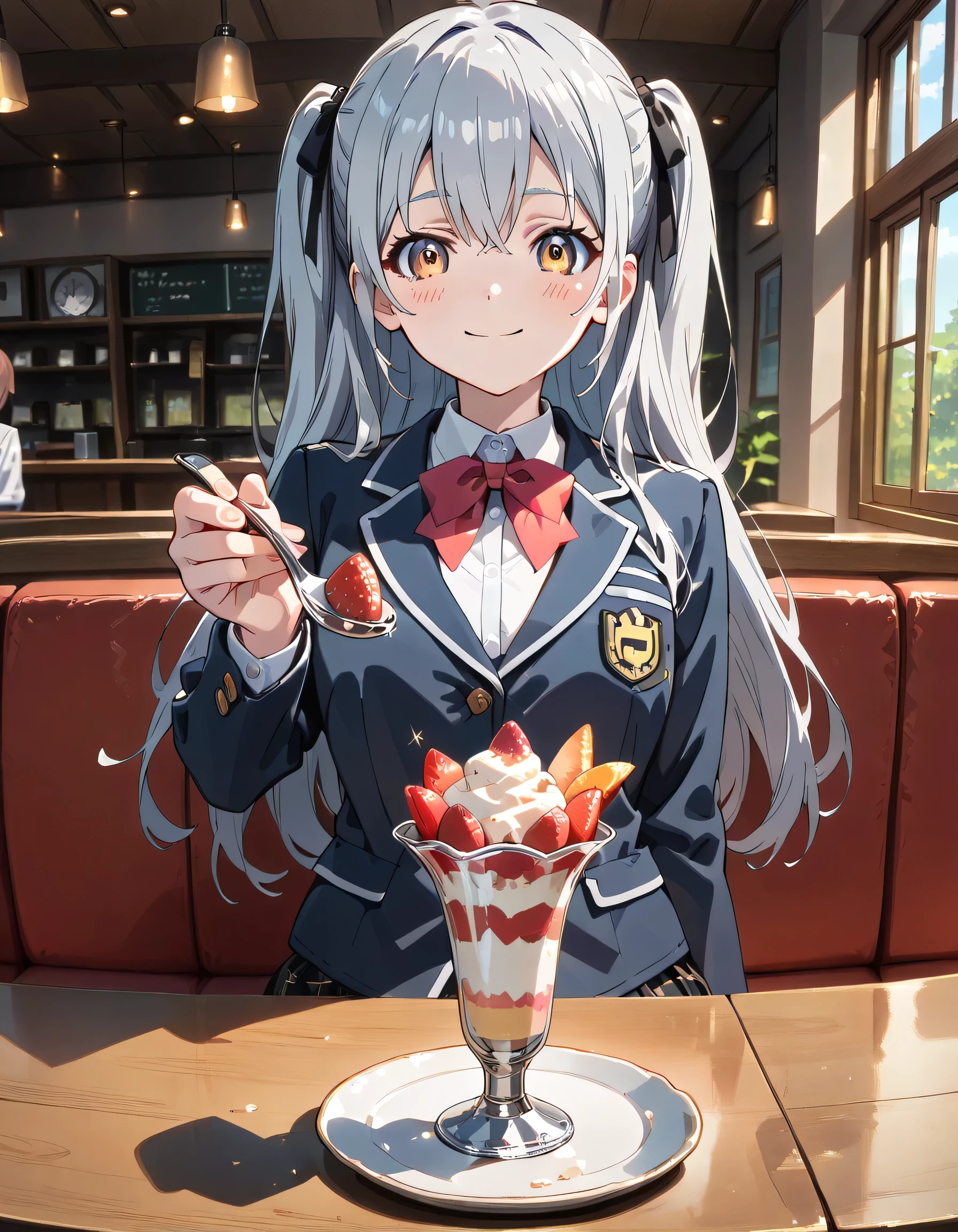 ((ultra-detailed)), (highly detailed CG illustration), (best quality:1.2), ultra-highly detailed, colorful composition, artistic photoshoot, 1girl, solo focus, ((upper boy,:1.4)), moe anime character, super popular super idol, age girl, dainty facial structure, (), (round face), ((rounded chin:1.2)), ((ideal ratio body proportions)), celia-default, celia claire, blue eyes, sparkle eyes, ((closed eyes)), ((silver hair color)), ((two side up)), ample breast, school uniform, navy blue blazer, modern style with fitted jacket, red neck bow, long sleeves white frilled shirt, navy blue pleated skirt, and black high socks, ((delicious:1.4)), ((smile:1.4)), ((happy:1.4)), ((joyful:1.4)), puffy cheeks as eating, ((sit on the cafe terrace:1.4)), strawberry parfait, ((parfait on the strawberry:1.4)), ((incoming food:1.4)), ((feeding:1.4)), ((holding a long handle spoon:1.4)), ((Strawberry is on top of a spoon:1.4)), ((fore shortening)), ((blurry fore ground)), from front, best quality, masterpiece, expecting, pink cheek, blush, light pink gloss slip, portrait, depth of field, poured sunlight, sidelighting, (shine), lighting, caustics, ray tracing, perfect face, lustrous skin, highly detailed face, highly detailed eyes, perfect face, perfect nose, perfect hair, perfect eyes, perfect anatomy, beautiful hair, beautiful small face, extremely detailed face, beautiful detailed eyes, beautiful clavicle, beautiful body, beautiful huge breasts, leavage, breasts squeezed together, equalize the size of the left and right breasts, beautiful fingers, 4 fingers, 1 thumb, lovely, (very detailed background:1.0), (highly detailed background:1.0), intricate details, joyful atmosphere, colorful and sparkling colors palette, chromatic aberration