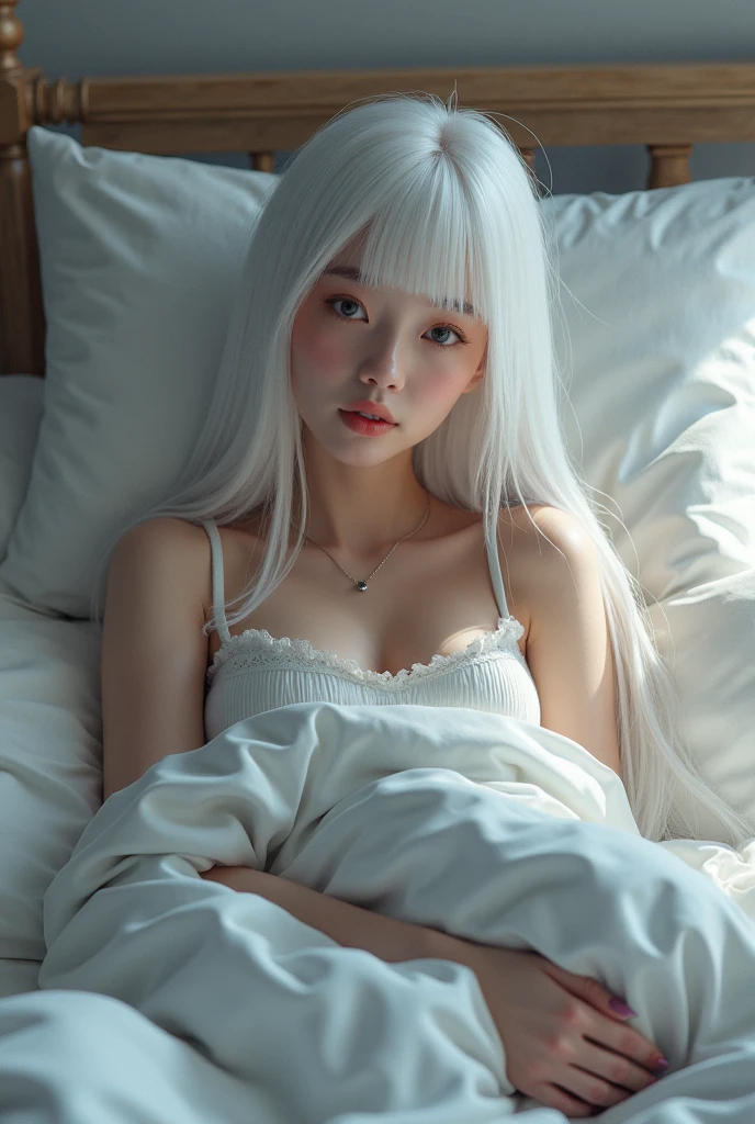 White bunny, ((handcuffed on the bed)), fluffy stuffed animals, ethereal, tear in her eyes, long white hair, short white dress, model, cute face, sweat on her body, 8k hyperrealist, (very detailed face), (selfie point of view), bunny outfit, unexposed, hands with silver chains, held captive