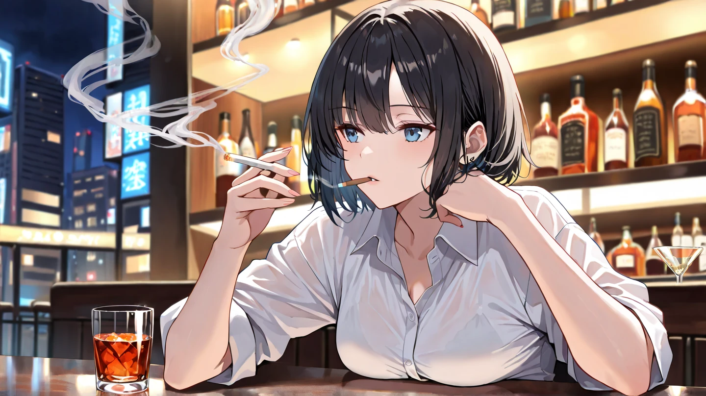 Woman, short hair, brown eyes, medium chest, blue plain shirt, jeans, sitting in a restaurant eating
