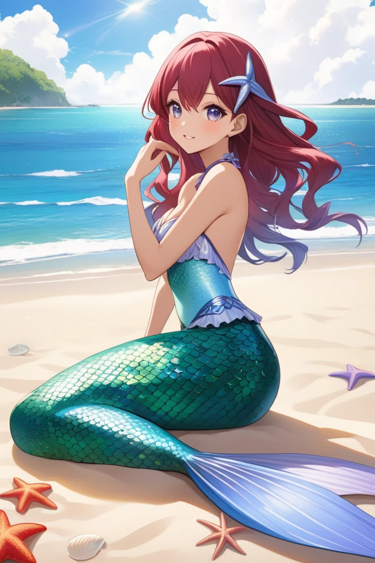 masterpiece, best quality:1.2), 1girl, smile, looking at viewer, green eyes, short brown multicolored hair, mermaid, mermaid girl, wearing purple seashell bra, laying on beach, colorful mermaid tail, outdoors, head fins, fin ears, under cherry blossoms