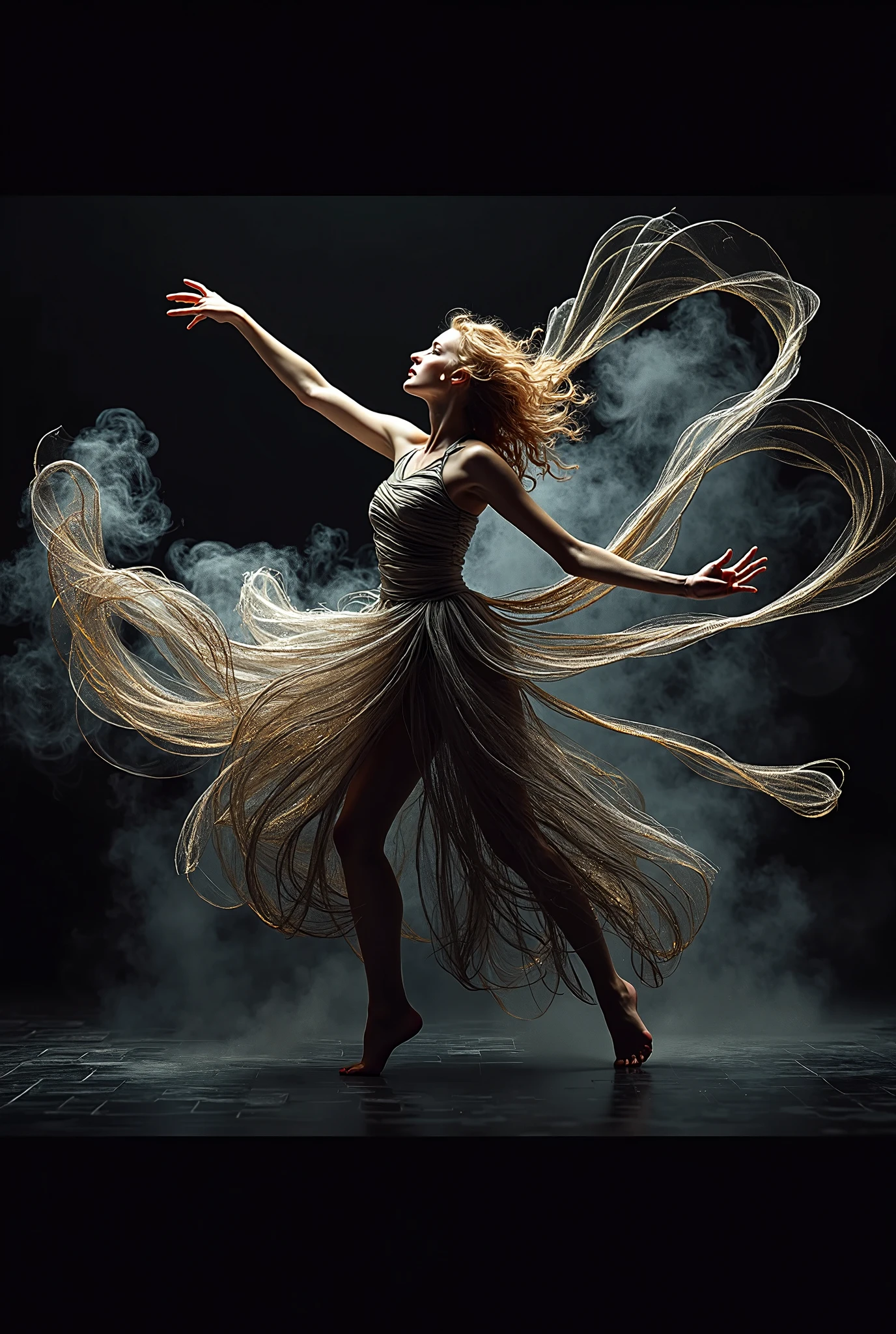 female dancer, abstract painting, dancing in the dark, glowing, black and white