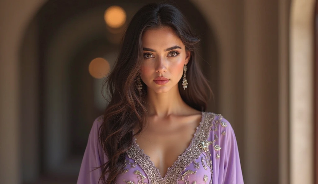 ((best quality, hyper realistic, epic quality, high definition, 4K)) brunette Instagram influencer at a restaurant posing for an Instagram photo, beautiful detailed eyes, beautiful detailed lips, extremely detailed face, long eyelashes, elegant evening dress, sitting at a table, holding a phone, soft lighting, warm color tones, professional studio lighting, intricate details, photorealistic, cinematic, high fashion, editorial, vibrant colors, depth of field
