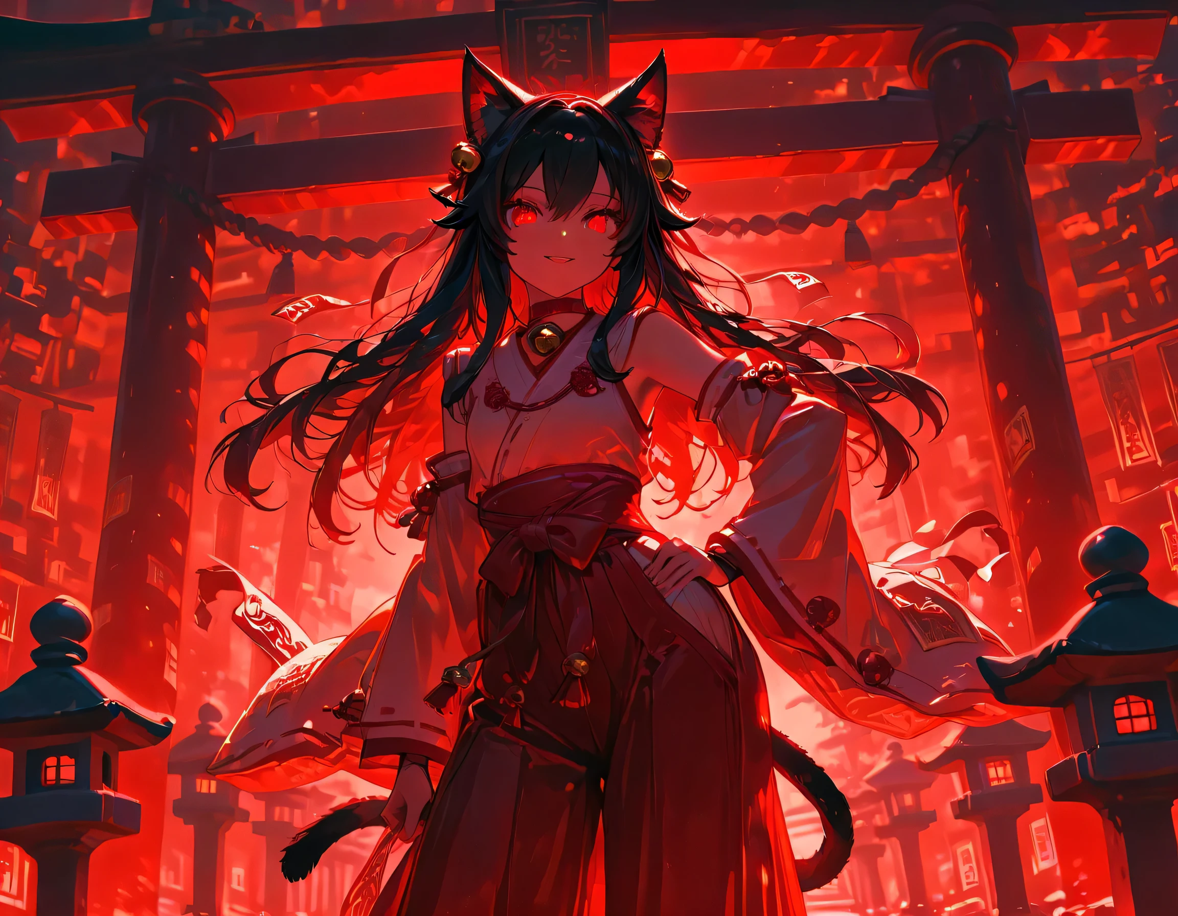 1 cat girl, ruby eyes, cat tail, cat ears, long hair, black hair, (smile:0.9), (parted lips:0.9), cute,
miko, hair ornament, sleeveless, choker, bell, hakama skirt,
torii, too much ofuda, stone lantern, crimson moonlight,
contrapposto, hand on hip,
sharp focus, looking at viewer, close-up,
(intricate:1.1), (crimson tone:1.1), (white tone:1.1), (crimson theme:1.1),
(anime coloring:1.1),
(masterpiece:1.2), (best quality:1.2), (very aesthetic:1.2), (absurdres:1.2), (detailed background), newest, ai-generated, (intricate details:1.2), dynamic angle, dynamic view, masterpiece