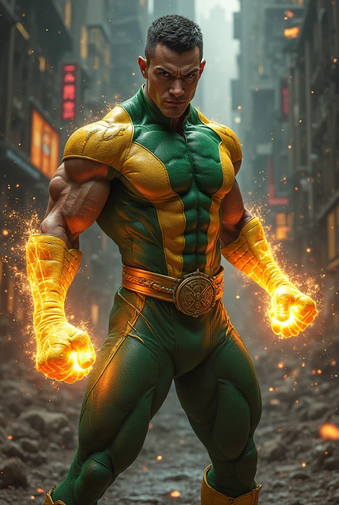 1man, shirtless, martial arts, yellow half spider man mask, white eye patterns with black outline, muscular, green costume, yellow belt and boots, burning fists, black dragon tatto shapes into a circle, dragon aura, mystical city background