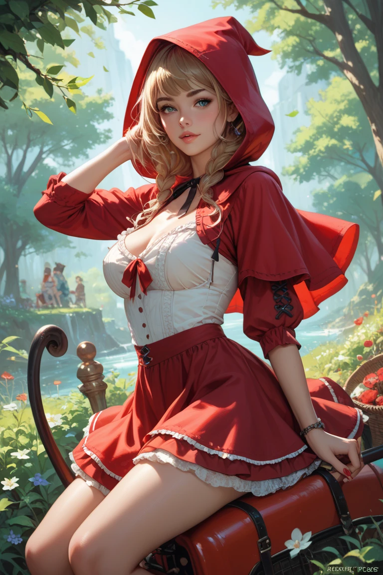 1girl, little red riding hood, frilled dress, forest, walking, basket, miniskirt, blonde hair, cleavage, masterpiece, best quality, highly detailed