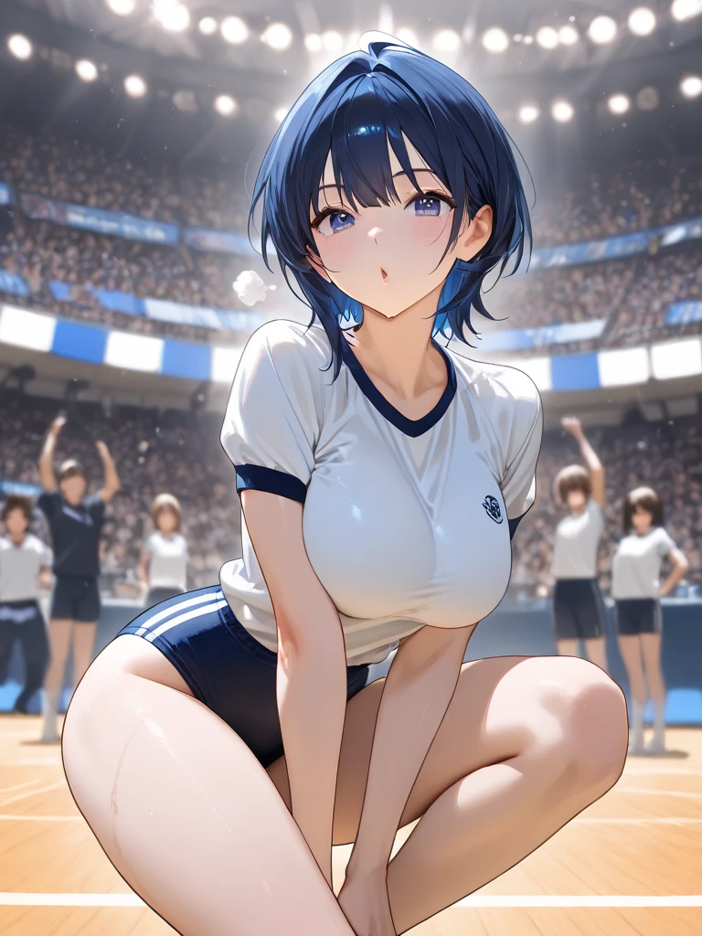 blue eyes, wearing long plain white shirt, high res, ultrasharp, masterpiece, wet shirt, shirt tight around breast, black short hair, skinny legs, penetrate pussy, crowd not notice visible to viewer, secretly having sex,  girl, very close to other people, lay on side, seats in big crowd, legs crossed, stadion