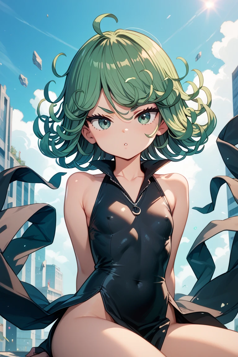(pixel perfect, Perfect detail), Alone, 1 girl, Very detailed, absirdres, masterpiece, illustration, CG game, Tatsumaki, blush, beautiful detailed eyes, green eyes, animator, diaphragm, (neckline), bright lips, lips parted, School Ground, Session, (Bended knees:1.2), short green hair