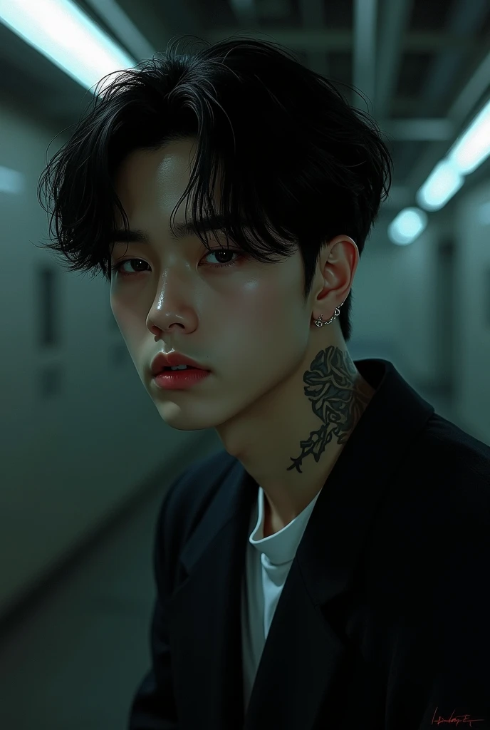 A picture of Jungkook smoking with a snake tattoo on his neck and a black background