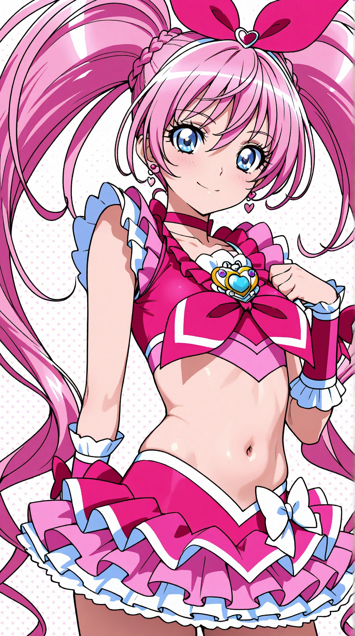 Close-up of cartoon male character with red-pink hair and pink costume, Muscular men, Boy with long red-pink twin-tailed hair, Cyan-eyed boy, Portrait of a magical boy, Boy in belly button costume, Anime Boy, pylons, beautiful alluring anime teen, 1024x1024, Cool
