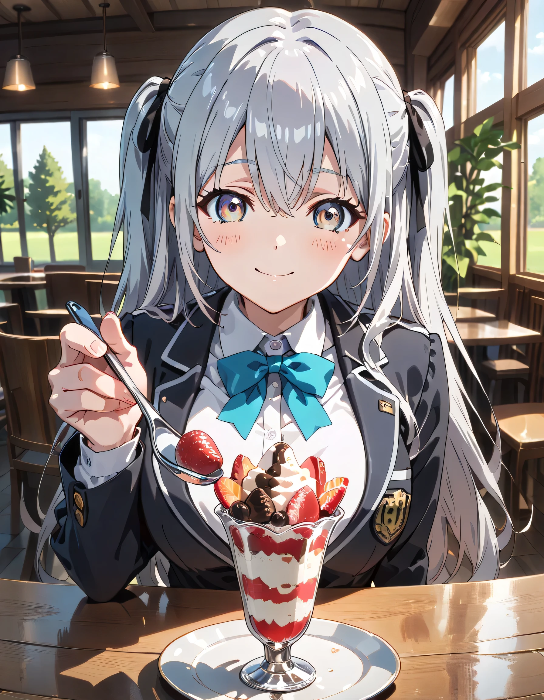 ((ultra-detailed)), (highly detailed CG illustration), (best quality:1.2), ultra-highly detailed, colorful composition, artistic photoshoot, 1girl, solo focus, ((upper boy,:1.4)), moe anime character, super popular super idol, age girl, dainty facial structure, (baby face), (round face), ((rounded chin:1.2)), ((ideal ratio body proportions)), celia-default, celia claire, blue eyes, sparkle eyes, ((closed eyes)), ((silver hair color)), ((two side up)), ample breast, school uniform, navy blue blazer, modern style with fitted jacket, red neck bow, long sleeves white frilled shirt, navy blue pleated skirt, and black high socks, ((delicious:1.4)), ((smile:1.4)), ((happy:1.4)), ((joyful:1.4)), puffy cheeks as eating, ((sit on the cafe terrace:1.4)), ((strawberry parfait:1.4)), strawberry parfait, ((parfait on the strawberry:1.4)), ((incoming food:1.4)), ((feeding:1.4)), ((holding a long handle spoon:1.4)), ((Strawberry is on top of a spoon:1.4)), ((fore shortening)), ((blurry fore ground)), from front, best quality, masterpiece, expecting, pink cheek, blush, light pink gloss slip, portrait, depth of field, poured sunlight, sidelighting, (shine), lighting, caustics, ray tracing, perfect face, lustrous skin, highly detailed face, highly detailed eyes, perfect face, perfect nose, perfect hair, perfect eyes, perfect anatomy, beautiful hair, beautiful small face, extremely detailed face, beautiful detailed eyes, beautiful clavicle, beautiful body, beautiful huge breasts, leavage, breasts squeezed together, equalize the size of the left and right breasts, beautiful fingers, 4 fingers, 1 thumb, lovely, (very detailed background:1.0), (highly detailed background:1.0), intricate details, joyful atmosphere, colorful and sparkling colors palette, chromatic aberration