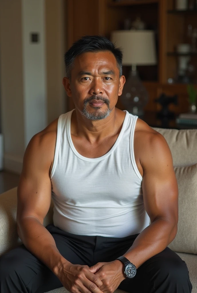 a 50 year old Indonesian man with a handsome face, mustache and muscles
