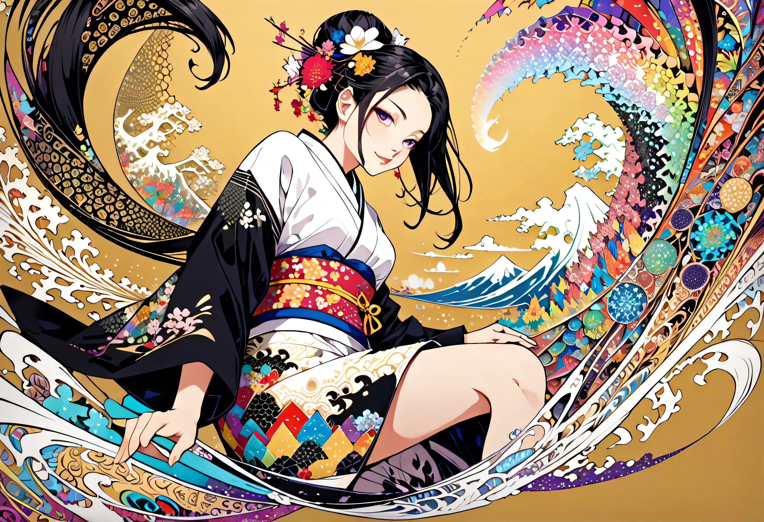Otohime riding a big star, Otohime's kimono shines brightly and stretches as a trajectory, sitting across the stars, very beautiful kimono, ((( gold background, star world ))), 8k wallpaper with a sense of unity, ultra detailed , beautiful and artistic, top quality, ( zentangle , Mandala, Tangle, Tangle ), ( Fractal Art :1.3 ), Background、minimalistic white world colored with soft pastel colors in the style of sumi-e painting ( Japanese ink painting ), emphasizes her dynamic poses from multiple angles、artistic and attractive composition, pastel watercolor touches in the background、mystical harmony between black and white ink and colorful watercolors Create a fusion, tattoo, kimono, ukiyo-e, abstractionism, depth of writing, First-person perspective , throw, masterpiece, Award-winning