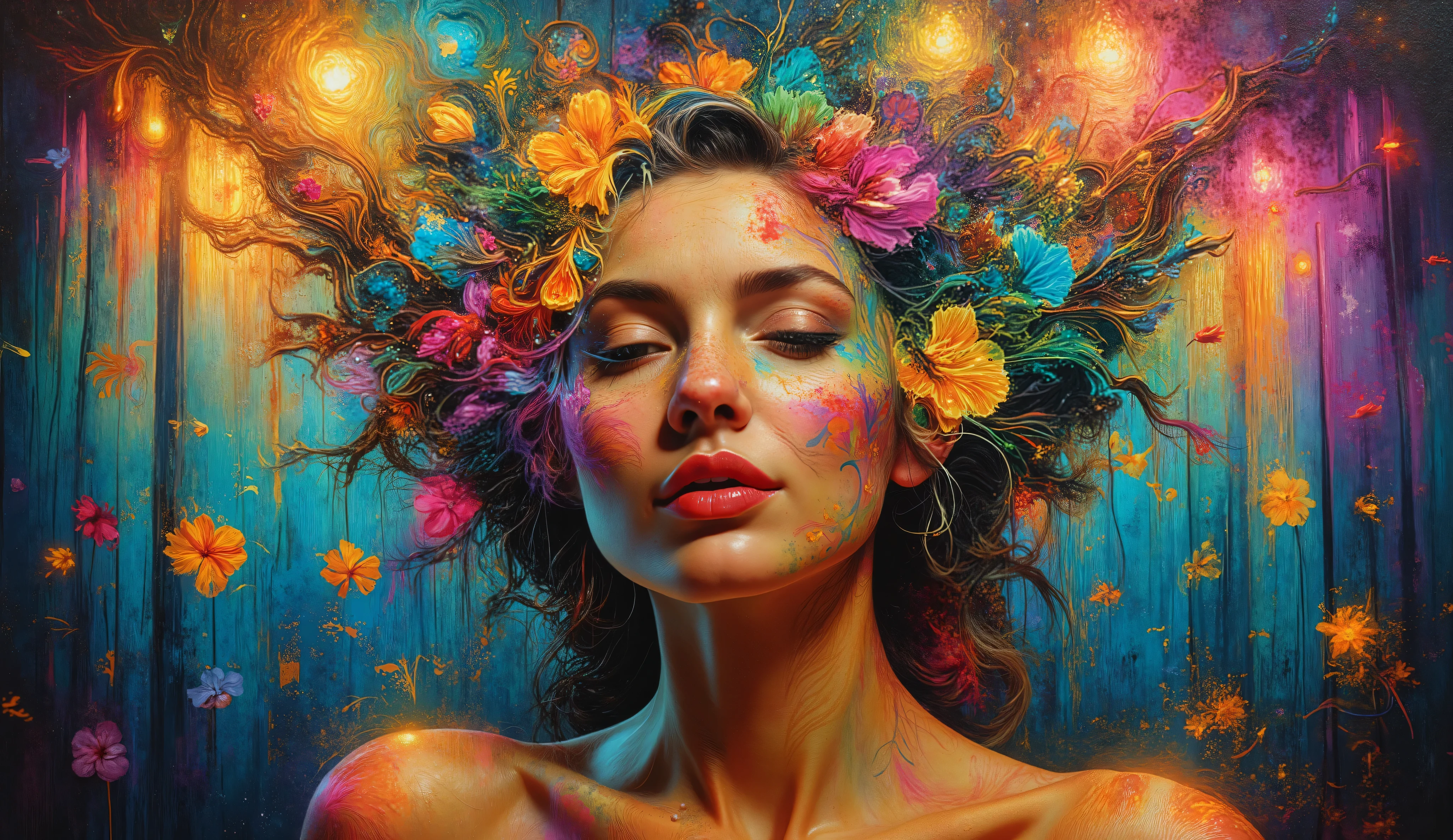  A woman's face with a tender, enigmatic smile, her hair morphing into a lush tapestry of wildflowers that undulate in harmony with the curves of F(x) = x&#8308; sin(x) + cos(x&sup3;) sin(x&sup2;), as if the very fabric of reality has been woven into a whimsical, dreamlike pattern. Soft, feathery petals and delicate wildflowers scattered around her face, their gentle hues and intricate textures captured in a style reminiscent of Salvador Dali's surrealist mastery. The image is bathed in a soft, romantic twilight glow, with delicate rays of warm, golden light illuminating her features, casting a mesmerizing dance of shadows and highlights. The matte background, reminiscent of a melting oil on canvas, adds a sense of depth and dimensionality, as if the scene is unfolding within a dreamlike realm, blending the boundaries between reality and fantasy.