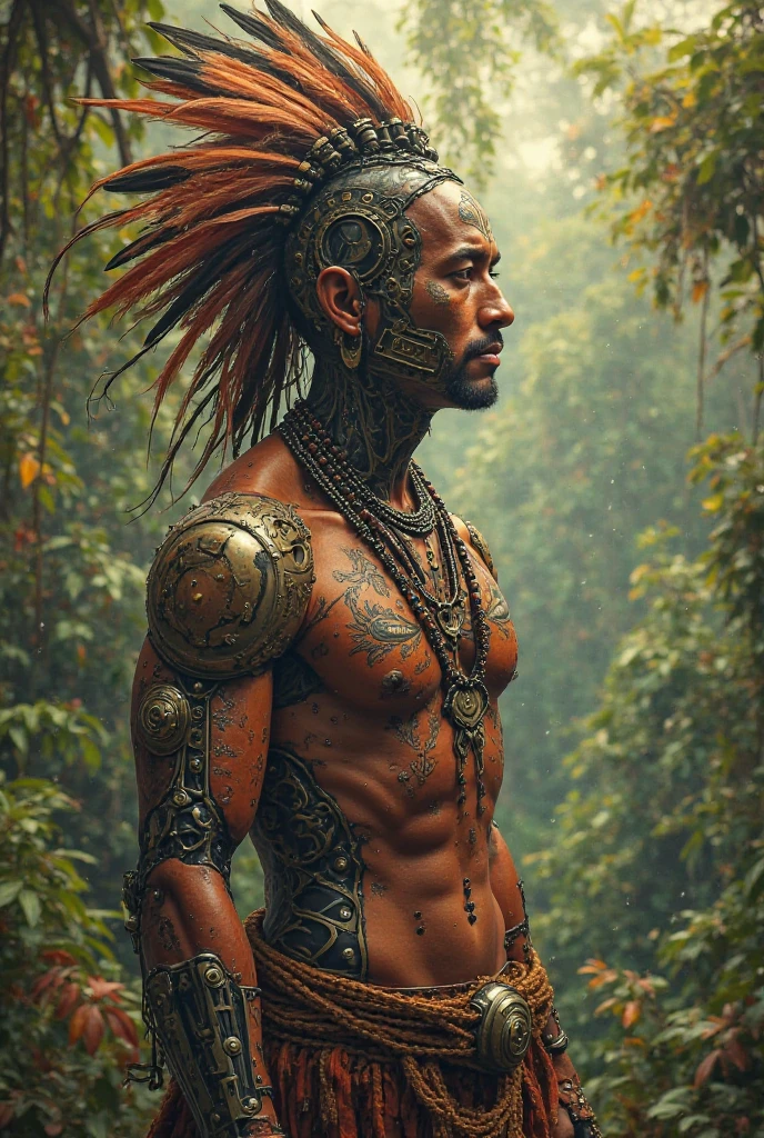 Indian with feathers and cocais breathing with a mask attached to a glass bag carried on his back inside which has a plant that releases oxygen for him to breathe