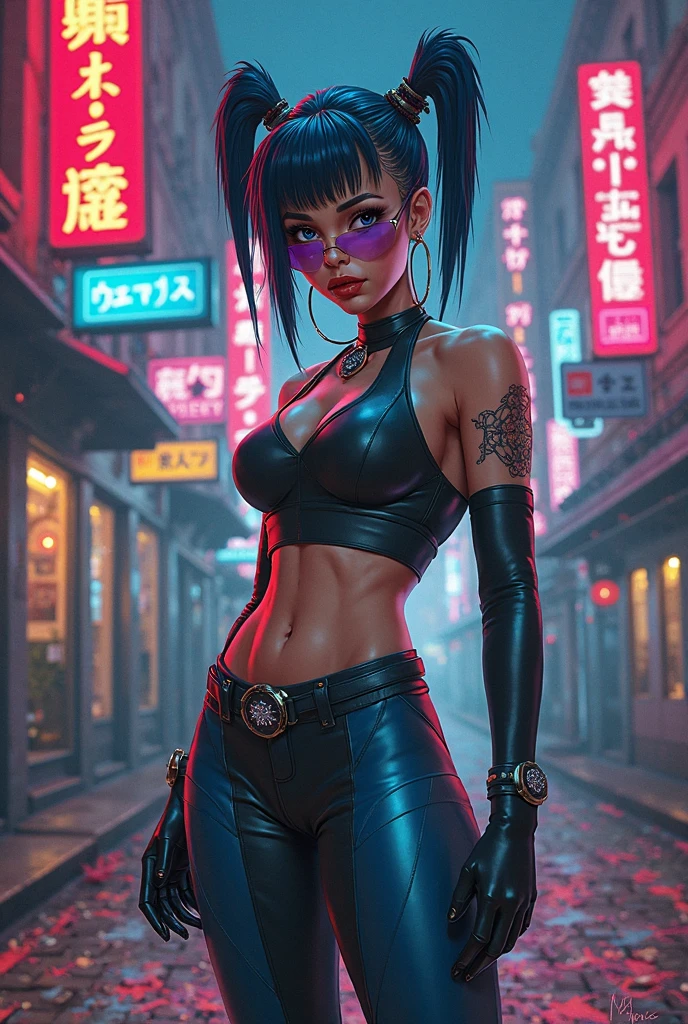 Generate a science-fiction anime character with brown skin, in a cyberpunk environment