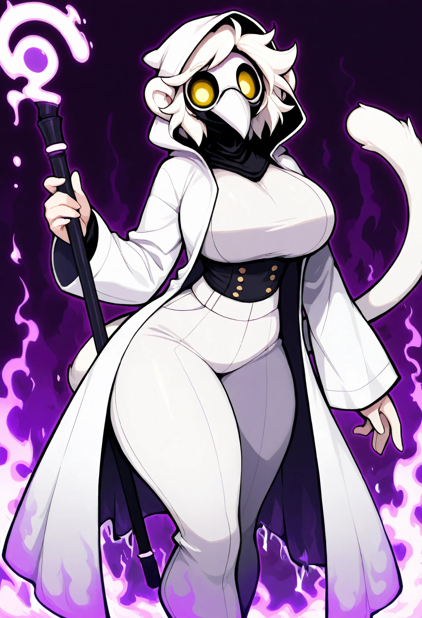 solo, holding purple staff, purple aura, destroyed burning village background, floating on air, yellow eyes, white hair, white monkey ears, white monkey tail, hood up, lab coat, big coat, lab coat covering body, white pants, face mask, white plague doctor mask, completely masked, masked face, big breasts, big thighs, (masterpiece), best quality, expressive eyes, perfect face