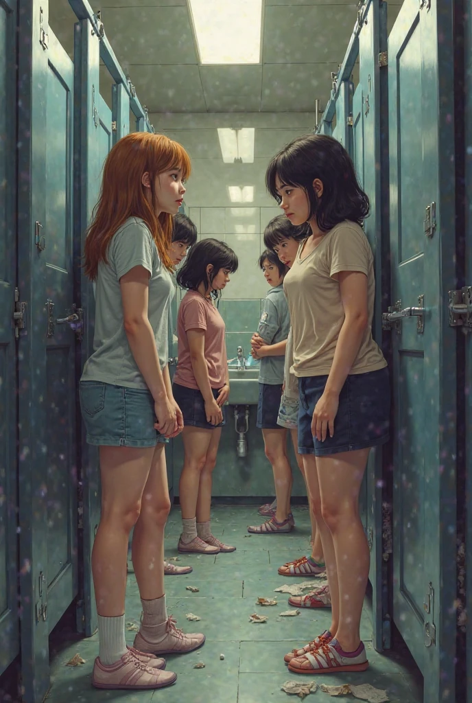 a public bathroom with 3 squat toilets one next to the other. two girls and one boy. the boy is peeing standing on the left toilet, on the central one one of the girls is peeing standing, on the right one, a girl is peeing squatting. the girls are tanned, short, 1.5 meters tall, red hair, freckles, wearing tube tops and cork-soled platform sandals, extremely deatiled feet, extremely detailed eyes and face, beautiful detailed eyes, beautiful detailed lips
