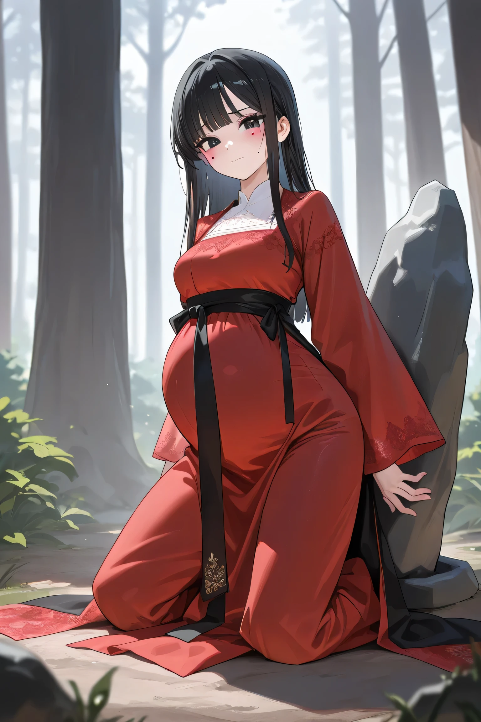(Best quality, 4k, 8k, high resolution, masterpiece:1.2), ultra detailed, intricate details, beautiful girl, alone, long black hair, bangs, black eyes, small-medium breasts, perfect smooth skin, looking at viewer, head tilted, traditional Asian clothing, red hanfu with black accents, wide sleeves, black sash around waist, intricate embroidery on fabric, slightly nervous expression, soft blush on cheeks, elegant and graceful posture, (Pregnant:1.0), at forest on big stone, kneeling legs, leaning against the stone