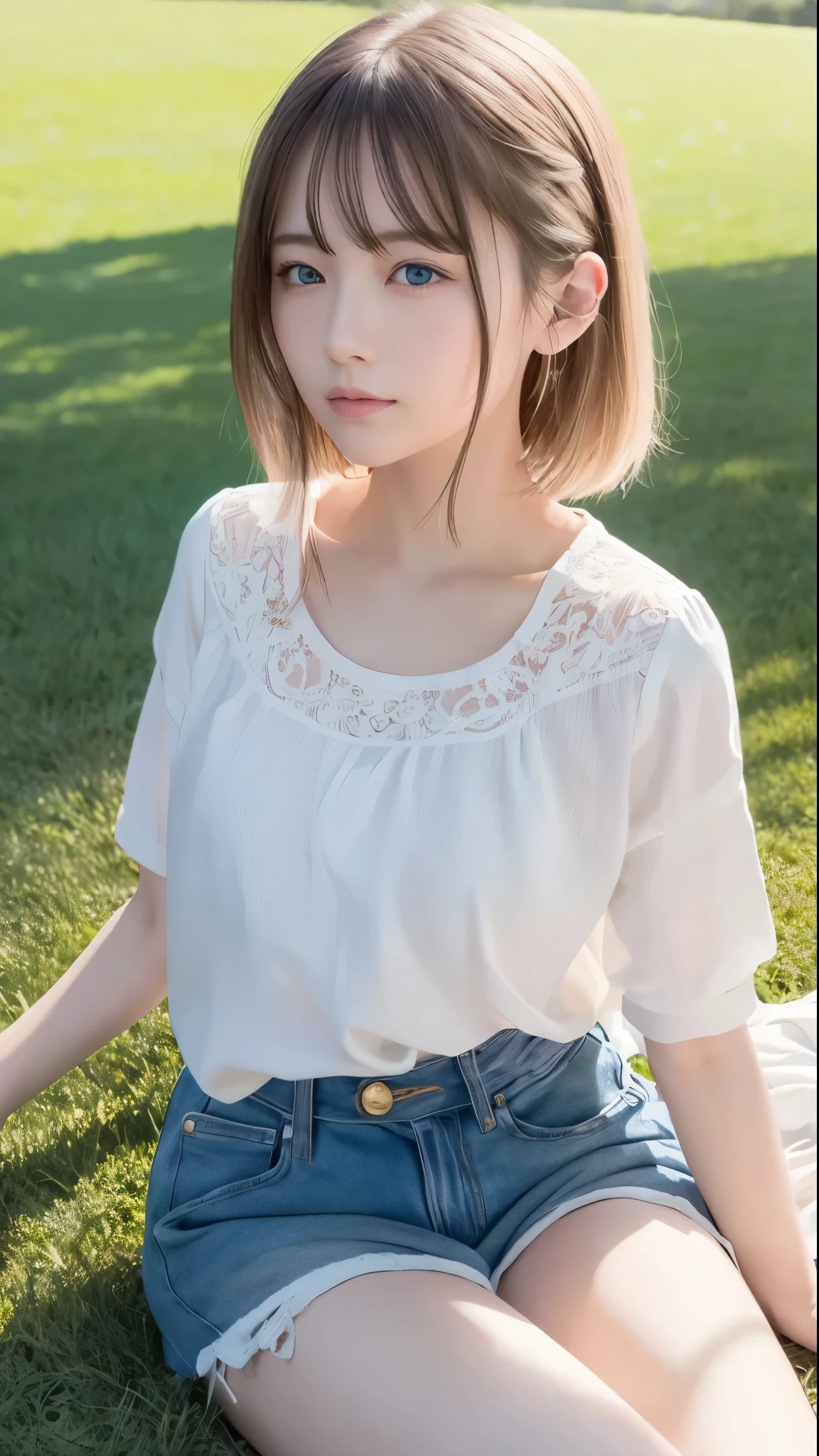 masterpiece: 1.2, portraits, best quality), realistic, (live-action, intricate details, written boundary depth), best quality, masterpiece, attention to detail , semi-realistic, on the lawn, shy, 2, Short blond with a big face, blue eyes, blond with a big face、 slim figure、 Shoulder Bear 、SHORTS 、 blue sky and a few clouds 、 on the lawnで転がる