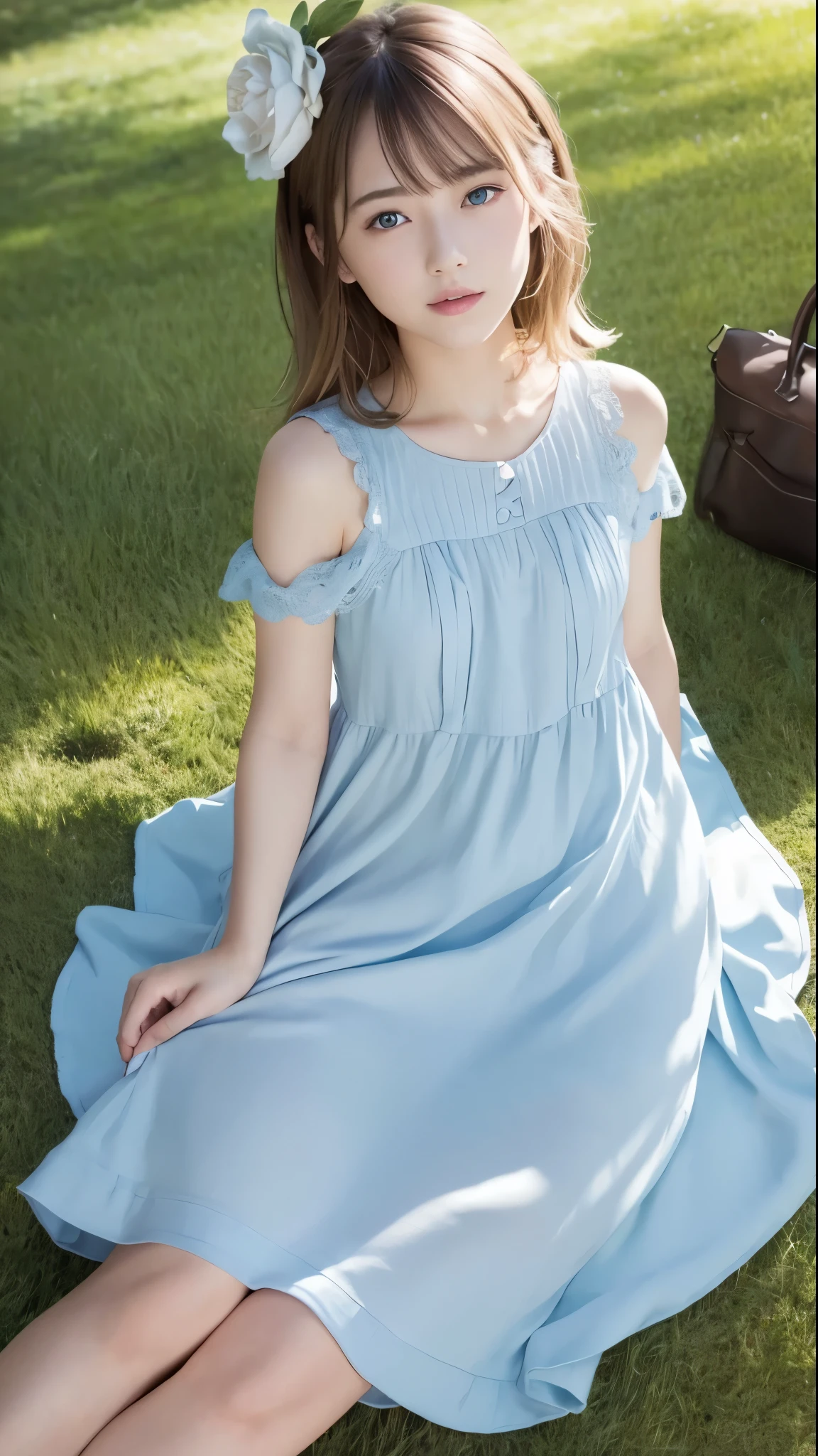 masterpiece: 1.2, portraits, best quality), realistic, (live-action, intricate details, written boundary depth), best quality, masterpiece, attention to detail , semi-realistic, on the lawn, shy, 2, Short blond with a big face, blue eyes, blond with a big face、 slim figure、 Shoulder Bear 、SHORTS 、 blue sky and a few clouds 、 on the lawnで転がる