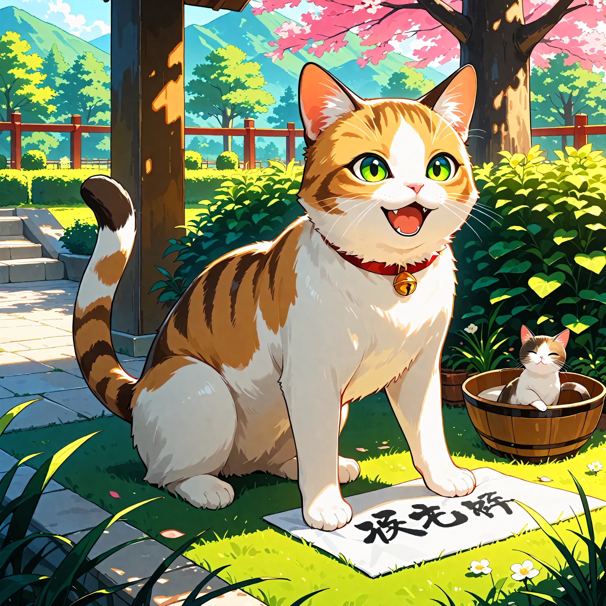 (masterpiece), (best quality), (ultra-detailed), Accompanied by a cat, (cute cat), outdoors, cat world, absurderes, Hi-Res, ultra-detailed, BREAK, Expressive lettering, Elegant décor, Design images featuring beautiful calligraphy with craftsmanship and skill, cat of a day,
