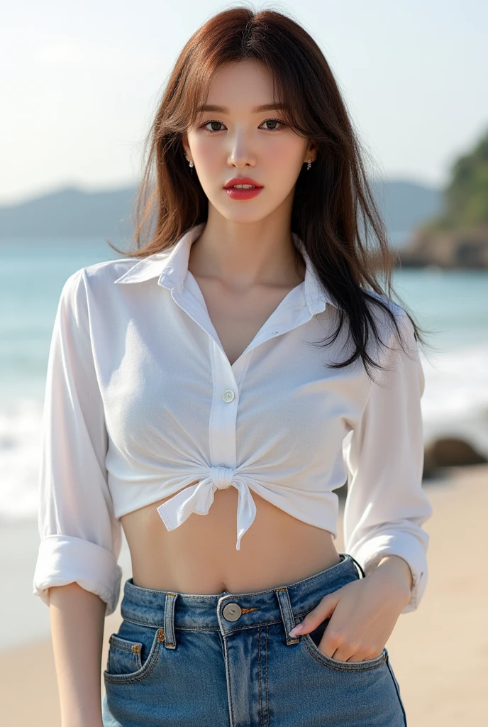 Super detailed, High resolution, (Realistic, photo-Realistic:1.4), 8k, RAW Photos, (masterpiece), (Highest quality), Physically Based Rendering, Female college student, Long brown hair, South Korea, Beach, Looking, stockings, Button unbuttoned_white_shirt,