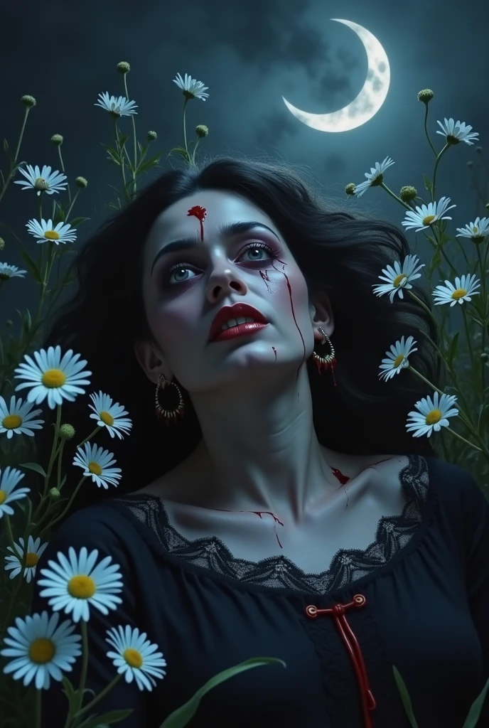 Relistic photography of a woman lying on a bed of blood with a rose garden in the background, Horrible background, horror!! Highly detailed, cursed images, still from animated horror movie, Gapmoe Yandere, Laying on roses, Detailed digital art, Her eyes bleed intensely