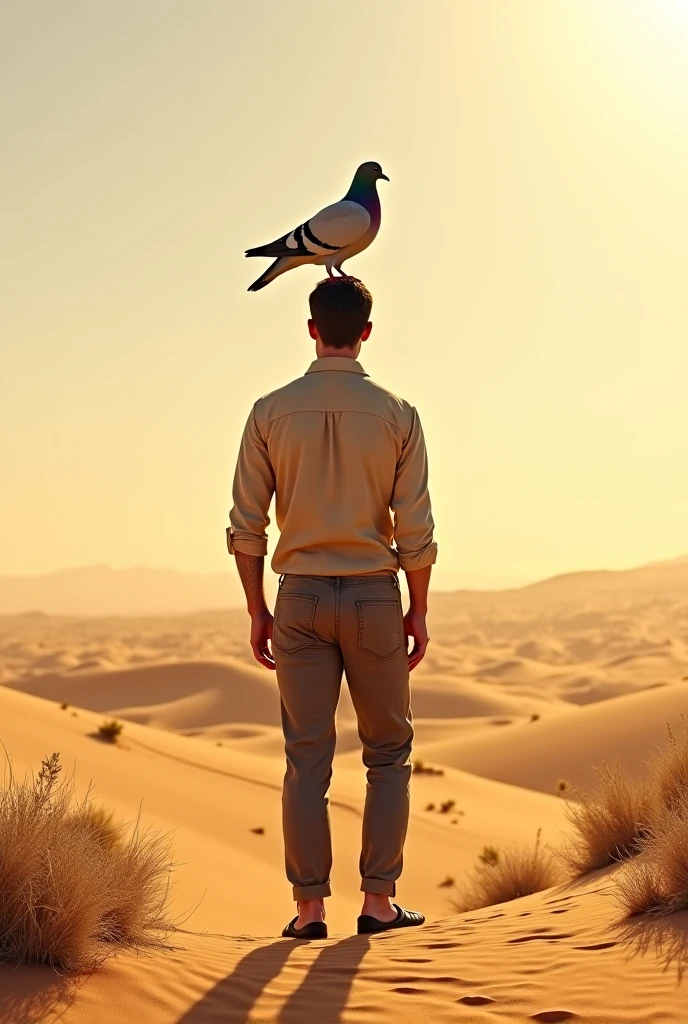 A handsome beautiful slim shirtless white skin man in the desert with a falcon