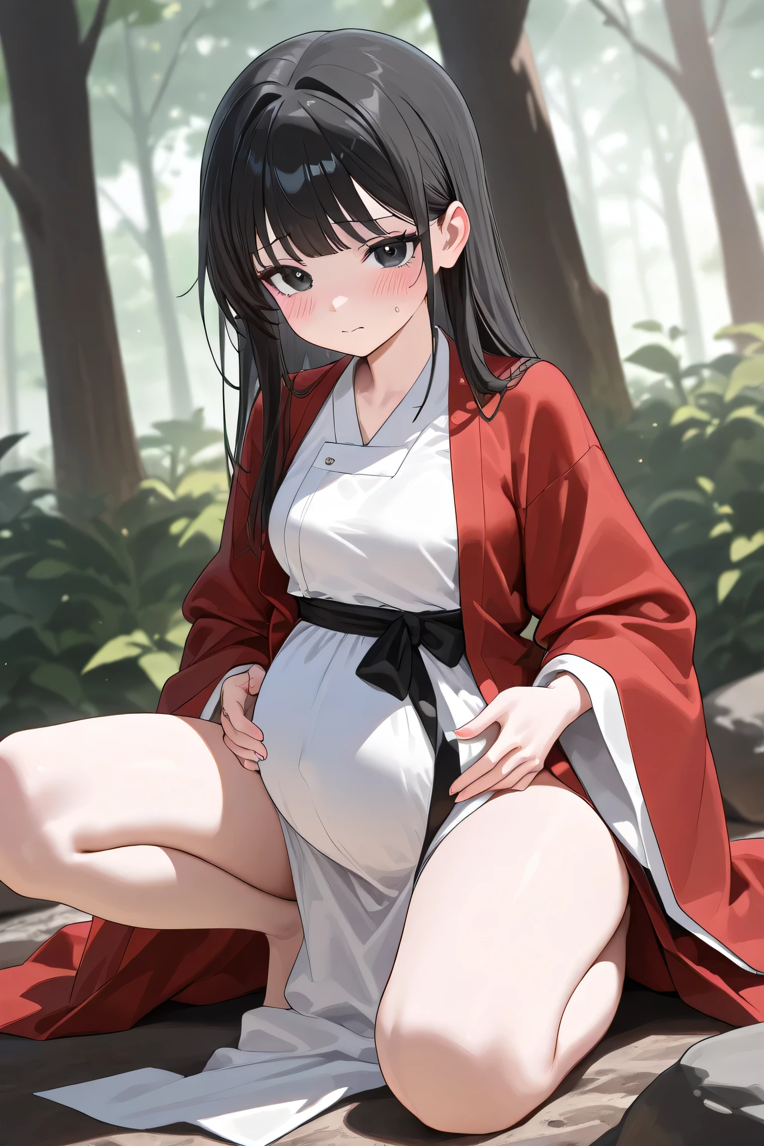 (Best quality, 4k, 8k, high resolution, masterpiece:1.2), ultra detailed, intricate details, beautiful girl, alone, long black hair, bangs, black eyes, small-medium breasts, perfect smooth skin, looking at viewer, head tilted, traditional Asian clothing, red hanfu with black accents, wide sleeves, black sash around waist, slightly nervous expression, soft blush on cheeks, elegant and graceful posture, (Pregnant:1.0), at forest on big stone, kneeling legs, leaning against the stone 