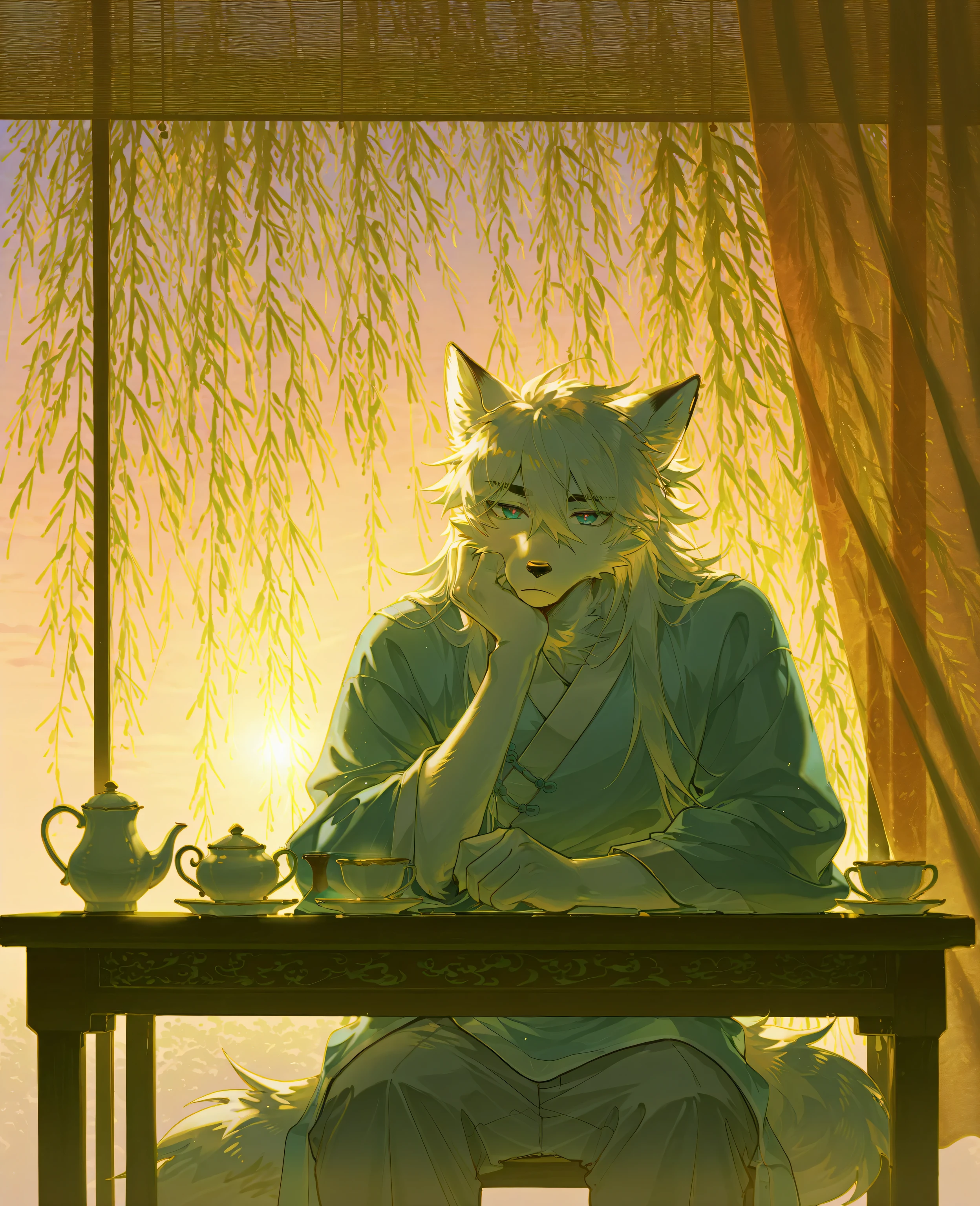 sfw,1boy,solo,male focus,furry male,furry,anthro,(slender muscle:0.2),(white fox),(white fur:1.5, white hair,),black eyebrow,(detailed eyes,teal_blue eyes,detailed pupils),snout,animal ears,fox ears,fox tail,(skinny:0.8),(Chinese Garden,inside,curtain,window,desk,willow,tea set),absurdres,sitting,having rest,chin_rest,(Chinese costume,light blue Hanfu,grey pants),(peaceful face,thinking),absolute_territory,cowboy_shot,front_view,looking_at_viewer,morning,wind,break,golden_hour_lighting,dusk,scenry,masterpiece,highres,amazing quality,best quality,newest,break,(konya_karasue,wolftapioca:0.3,chunie,chung0u0:0.5),cg,highres,anime,00gnuhc,sfw
