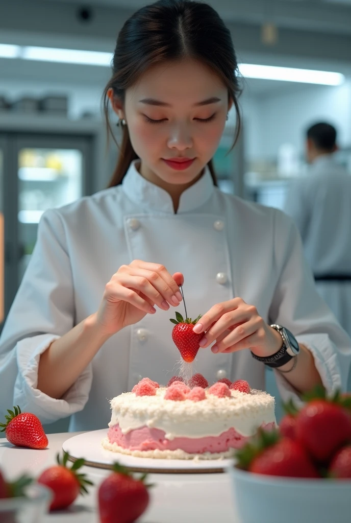 des mains d'une fille dans un laboratoire qui cuisine une cake gastronomique de fraise