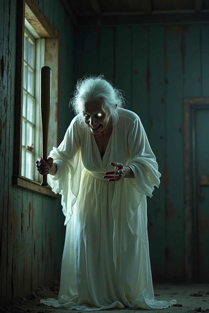 A scary granny with a blood-stained bat and an evil face, and long white dress