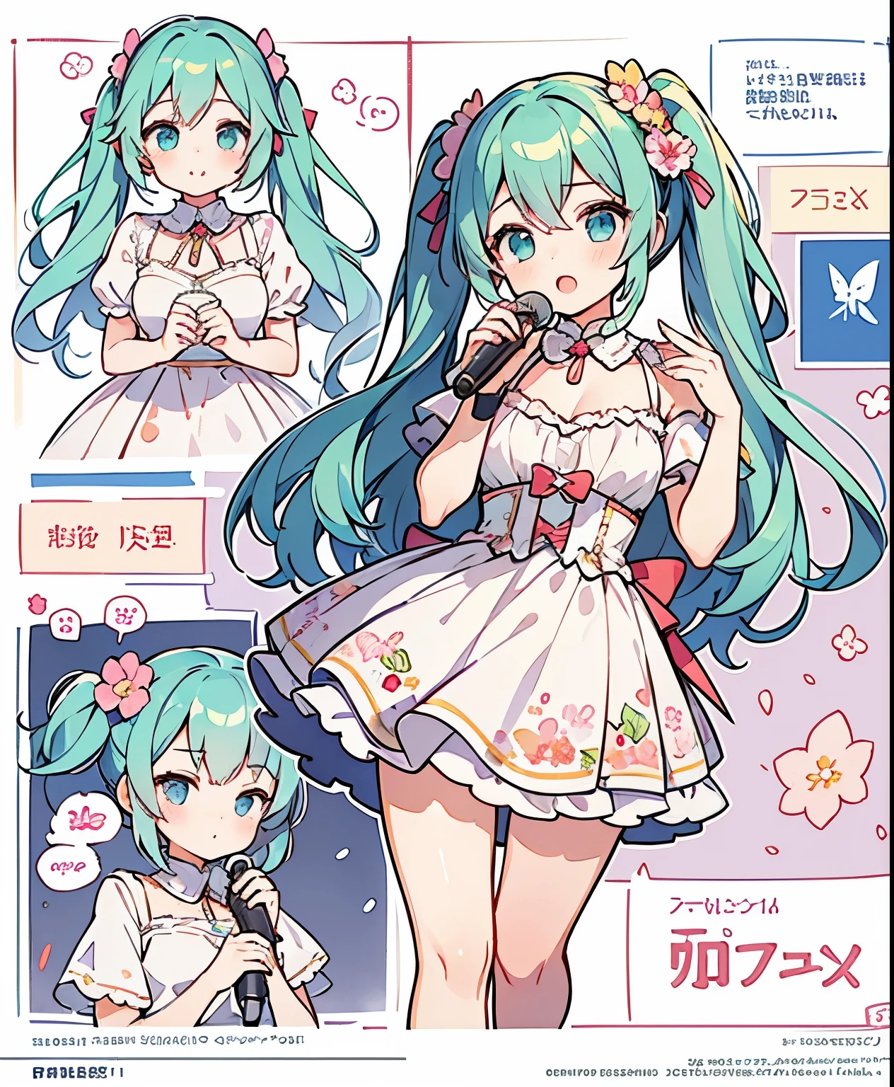 ( masterpiece、 top quality、 top quality、Official Art、 beautiful and beautiful :1.2)、(one girl:1.3) Hatsune Miku、Twin Tails, beautiful breasts,multiple views, pencil happentch, (happentch:1.25), best quality, Graphite \\(medium\\), happen, gradation , rainbow, Note, Line Draft, High Resolution, abusseur dress, (超High Resolution:1.1), ( illustration of a woman with a penis :1.1), ( Infographic:1.2), pajamas, (Coherent Background :1.15), (Alone), perfectly drawn hands , in line of sight, cohesive background , paper, action, (character design:1.1),
Guzzling ,
Full, Twin Tails, hidden hair, A girl in a beautiful fairy costume, She becomes an idol and sings surrounded by flowers and butterflies.. ((Hold the flower microphone)), sing, content:watercolor. style: Quirky and Delicate , ren's'Book.