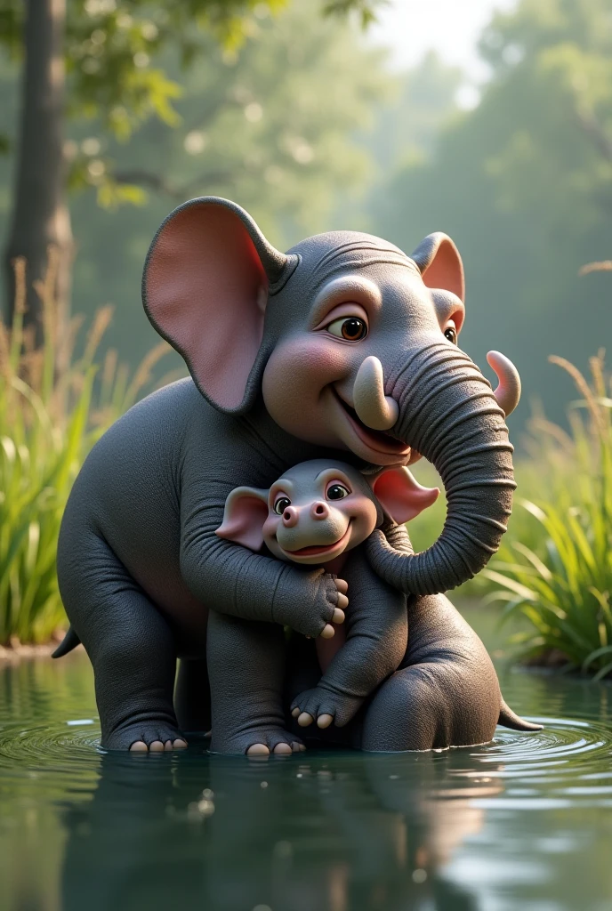 cute elephant with one side of yellow belly and the other side of red belly and a very purple smeared face walks in a mud puddle, muddy paws, finds a cute babykey