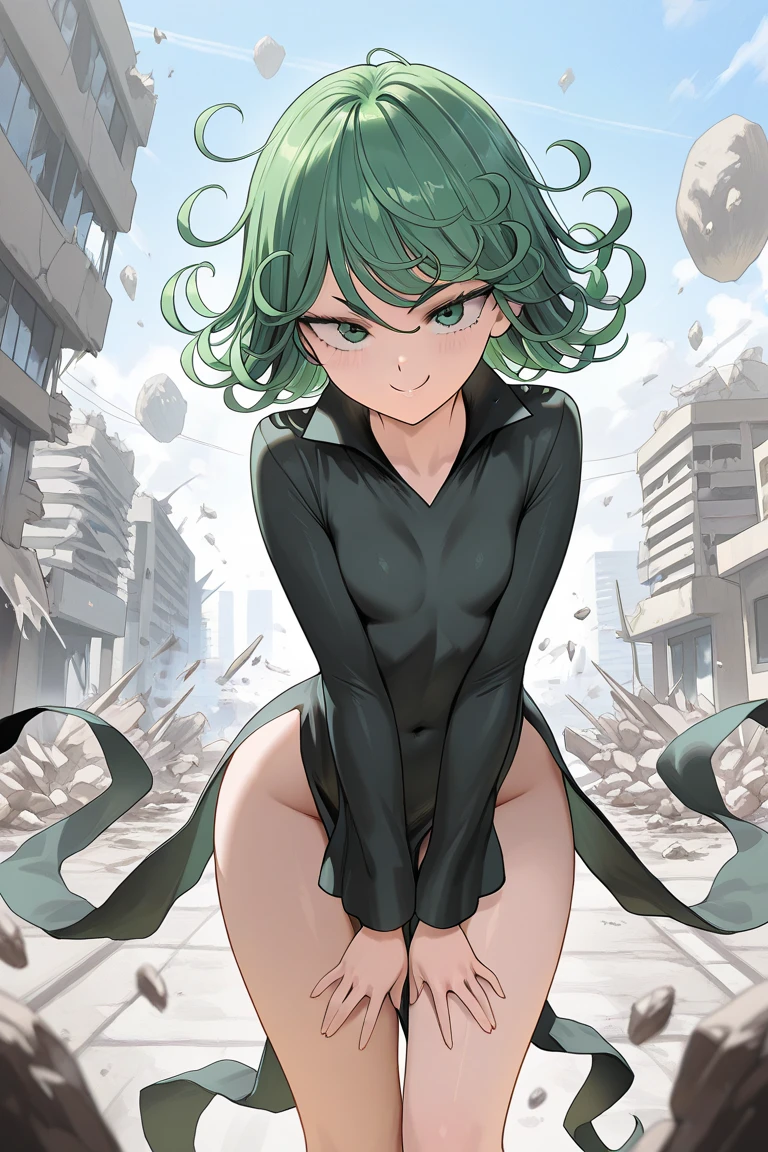 score_9, score_8_up, score_7_up, source_anime,
Tatsumaki,
1girl,
Green hair, short hair, green eyes, black dress,
standing, looking at viewer,
ruined city, blurry background, (big ass), from below, black panties