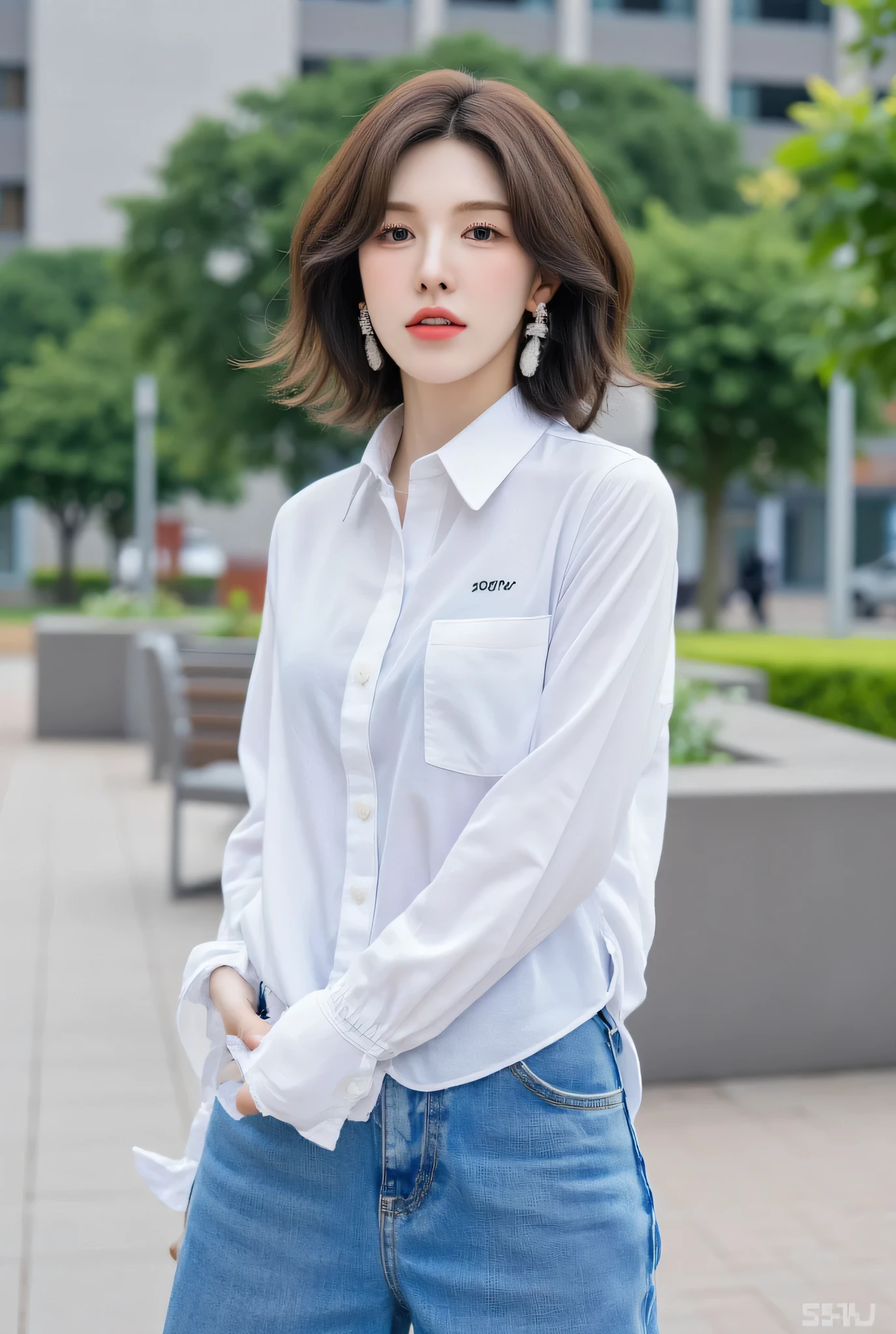 (Masterpiece: 1 . 2 , Best Quality) , realistic , (realistic Picture , Complex Details , Depth of Field) , Best Quality , Masterpiece , Highly Detailed , realistic , A beautiful woman, stand, strand, front facing, use a casual white shirt, long denim pants, big boobs, red lips, full body view , look at viewer , full photo .