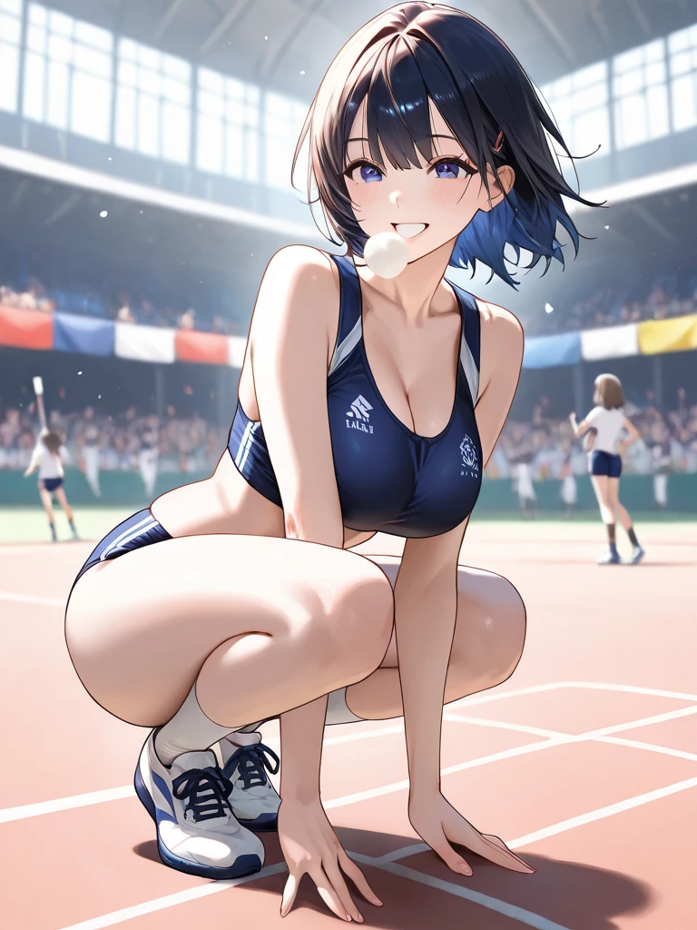 Unity 8K Wallpaper, Masterpiece, Best Quality, Ultra Detailed, Extremely Detailed CG, Ultra High Resolution, Caustics, Detailed, Beautiful Detailed Eyes, solo, (portrait:1.3, athletics stadium, feminine muscles, japanese woman:1.3, separate, bloomers ,show off belly), smile, brown eyes, purple hair, short hair, crawl on all fours, from side