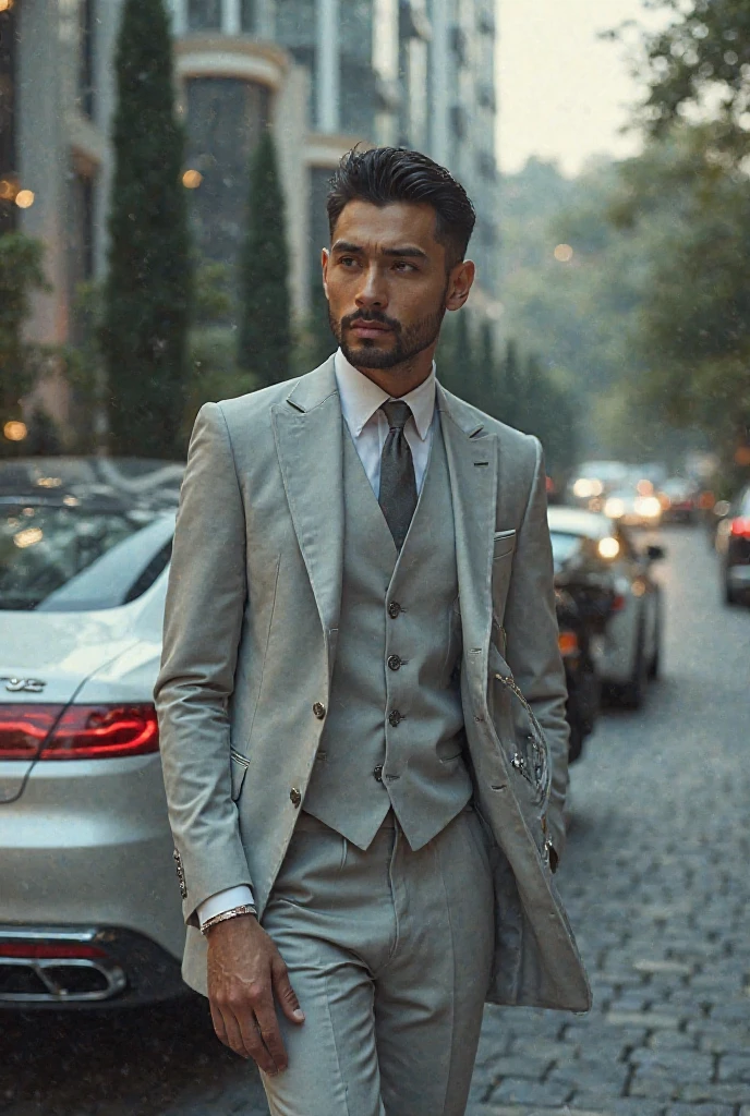 Realistic, realistic face (best quality), (in suit) (walking down the street)
