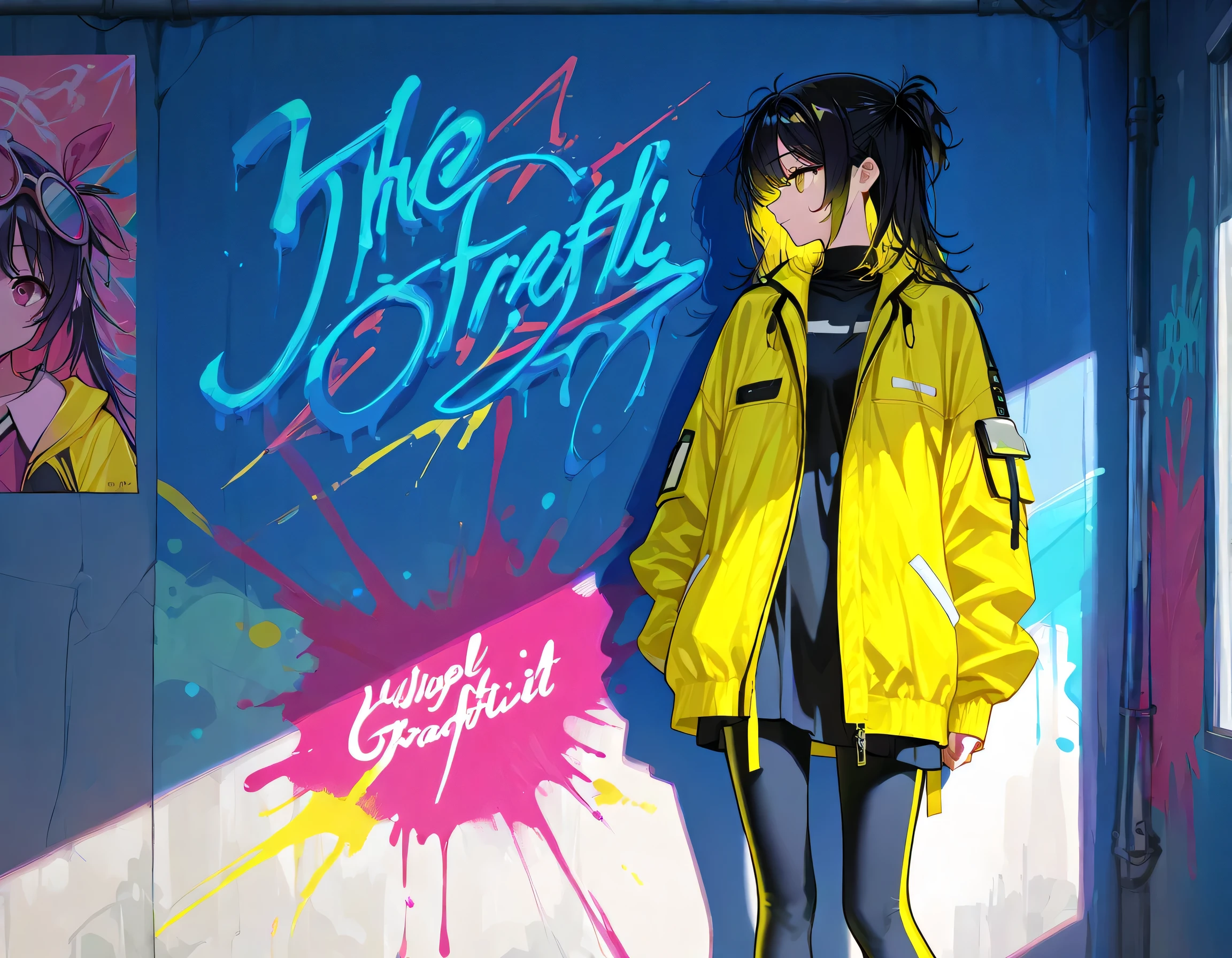 A stylish and urban portrait of a young individual standing against a vibrant graffiti-covered wall. The character has short, slightly messy black hair and is depicted in a side profile, giving them a thoughtful and introspective vibe. They are wearing a bright yellow oversized jacket with subtle patches and paint splatters, adding a sense of individuality and rebellion to their look. The jacket contrasts beautifully with the colorful and chaotic background.
The wall behind them is covered in layers of graffiti, posters, and vibrant paint streaks in shades of pink, blue, and red. Words and sym