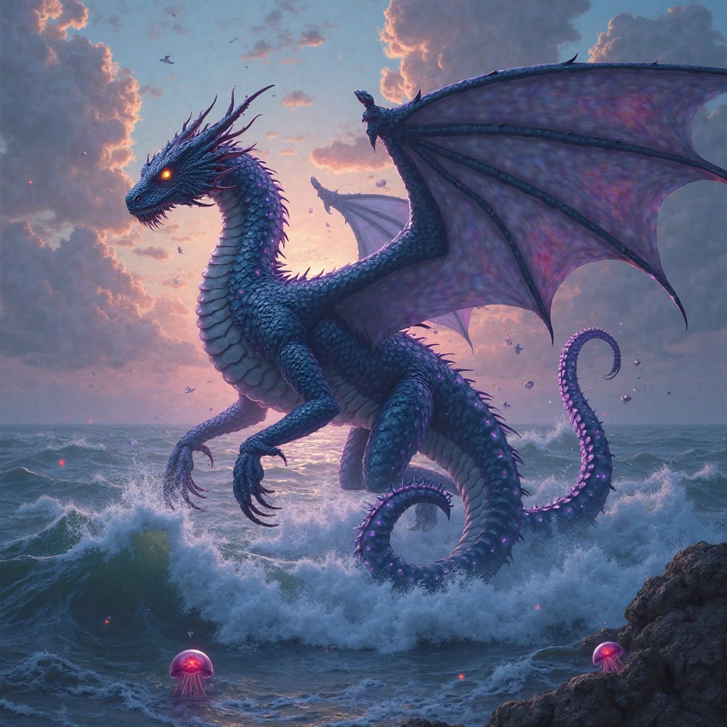 (fantasy electric dragon, blue scales, glowing eyes, giant pink squid, claws, water disturbance, serene ocean cliffs, detailed, cinematic, epic, 4k, 8k, hyper realistic, photorealistic, award winning illustration, intricate details, dynamic composition, dramatic lighting, vibrant colors, dramatic)