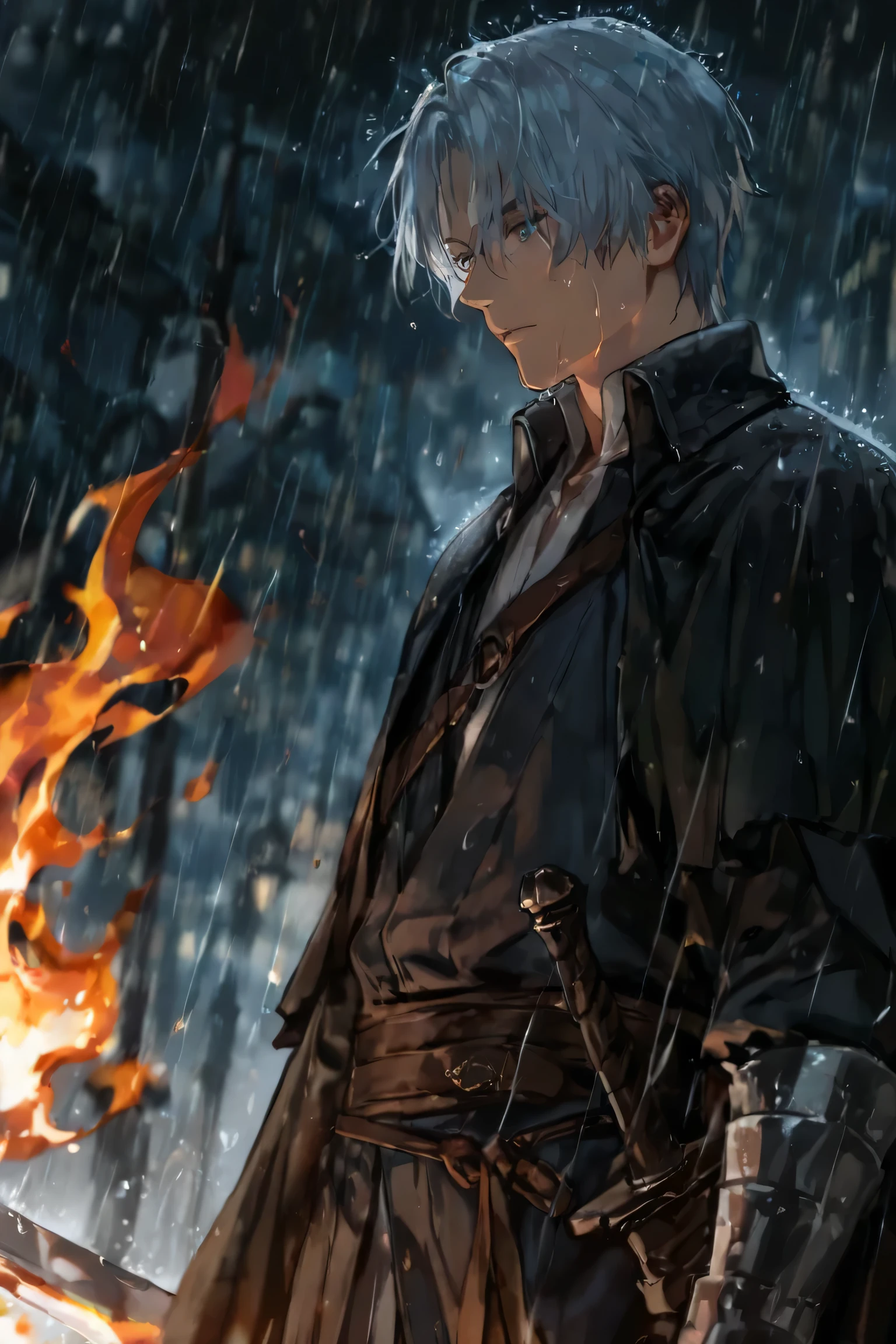 with white blue hair, on a rainy night , Middle Ages, He is wearing a sword and flames are blazing in one hand, The weather is clear,