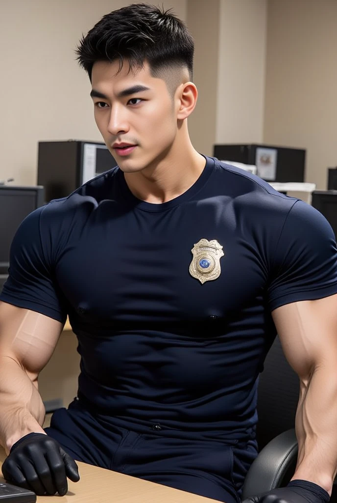 1 handsome Asian guy，27岁policeman，arafed male police 官 in  walking down a hallway, , wearing a sexy police outfit ,  kinky police ,  open outfit: police expose the penis , , majestic，Who is Shi Yu?, Li Yuanbin, Kim Hyung Tae, Kim Hyung Tae, Yin Shishan, Handsome Asian muscular guy，Broad shoulders and narrow waist，A handsome guy in police uniform，Form-fitting fabric contours the bust，in a remote warehouse，hands tied behind back，Hands tied behind the back，hands tied behind back，Masculine and sexy，High，Muscles look good，hairy body，Wheat complexion，black eyes（thin eyes 1：3），whole body image, huge penis, manly penis