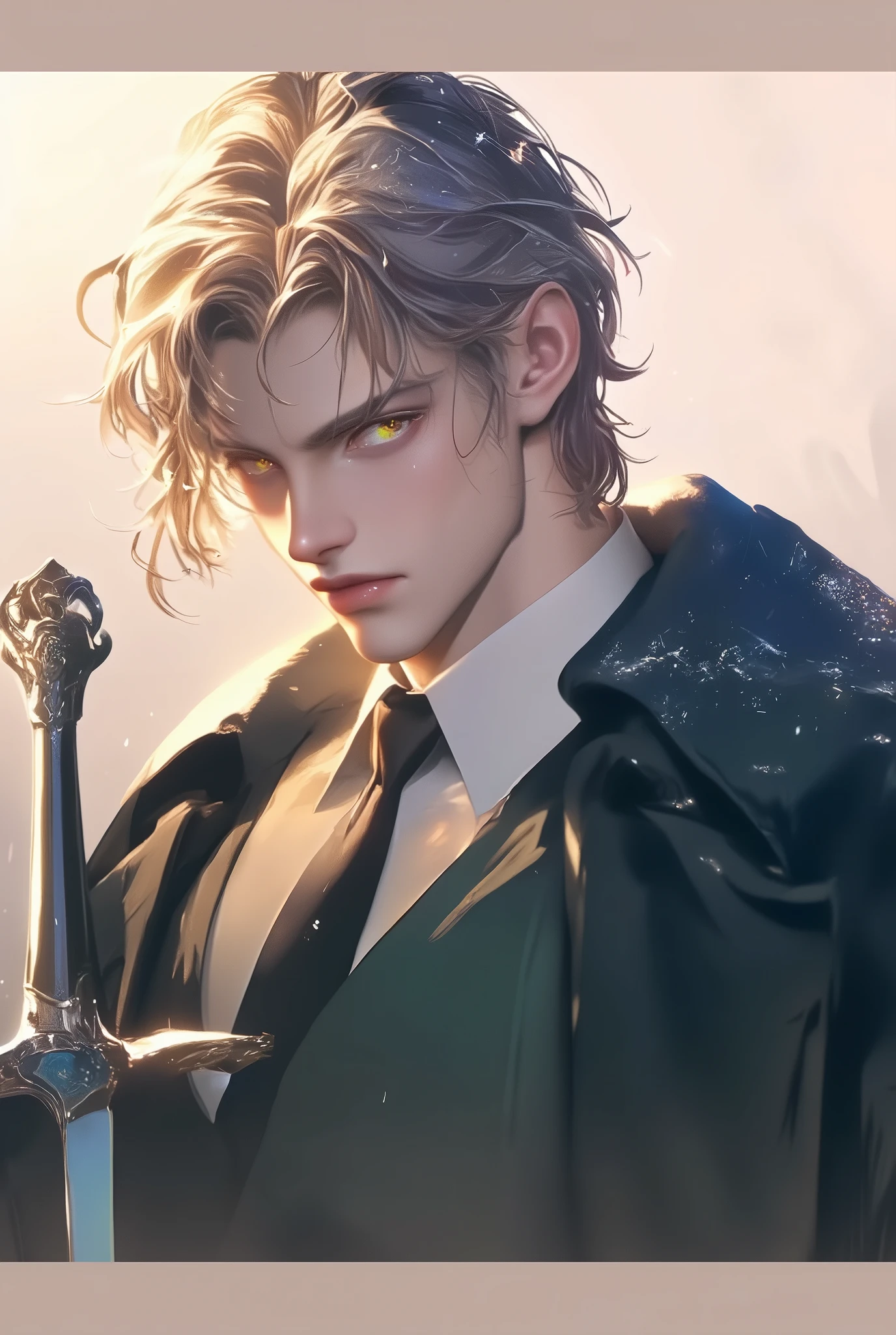 illustration style , Platinum blonde, golden eyes , North대공, male, North 귀족, Wearing a sword, Cool Atmosphere, handsome, North, snowing, Young man, Middle Ages, short hair, mid 20s, beautiful, Soldier-like image, high-ranking aristocrat , blunt expression, 일본 illustration style , sunlight