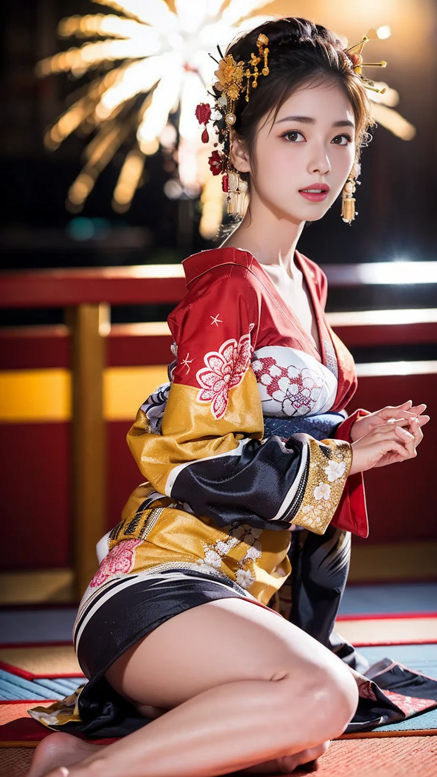 (Masseter membrane、Top quality、Ukiyo-e style、GGGJAAA,mystery、Absolutely beautiful、Official Art、Sharaku:1.2)、(1 girl:1.3)、(Fractal Art:1.3)、Cowboy shooting、White skin、(Beautiful brunette、kimono:1.2)、Set against the backdrop of traditional Japanese performing arts、rich and colorful、(reel、Japanese style:1.2)、Radiant Skin、Spread your legs,Camel toe showing thigh!!!、smoke,cloud,
