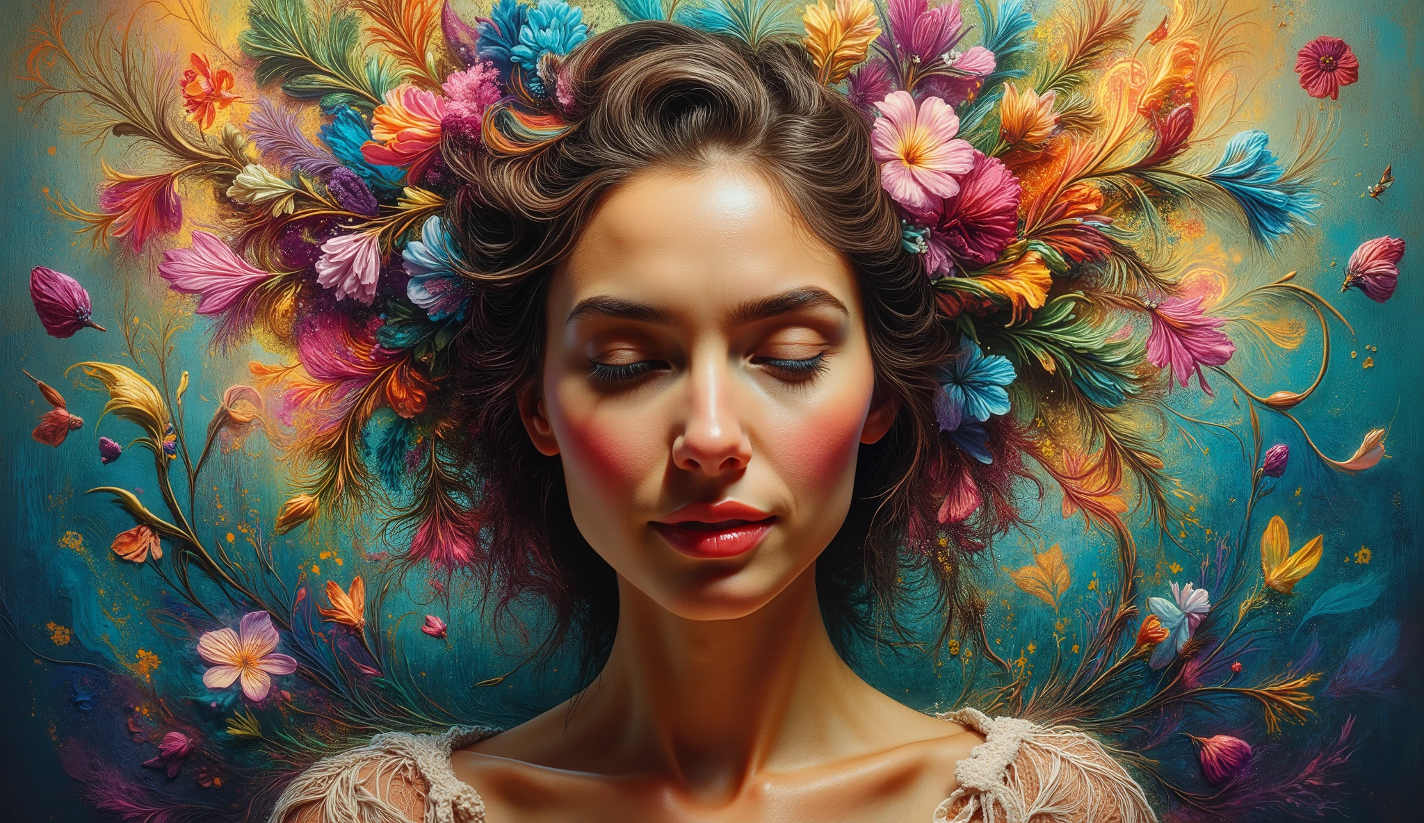 A woman's face with a tender, enigmatic smile, her hair morphing into a lush tapestry of wildflowers that undulate in harmony with the curves of F(x) = x⁴ sin(x) + cos(x³) sin(x²), as if the very fabric of reality has been woven into a whimsical, dreamlike pattern. Soft, feathery petals and delicate wildflowers scattered around her face, their gentle hues and intricate textures captured in a style reminiscent of Salvador Dali's surrealist mastery. The image is bathed in a soft, romantic glow, with delicate rays of warm, golden light illuminating her features, casting a mesmerizing dance of shadows and highlights. The matte background, reminiscent of a melting oil on canvas, adds a sense of depth and dimensionality, as if the scene is unfolding within a dreamlike realm, blending the boundaries between reality and fantasy.