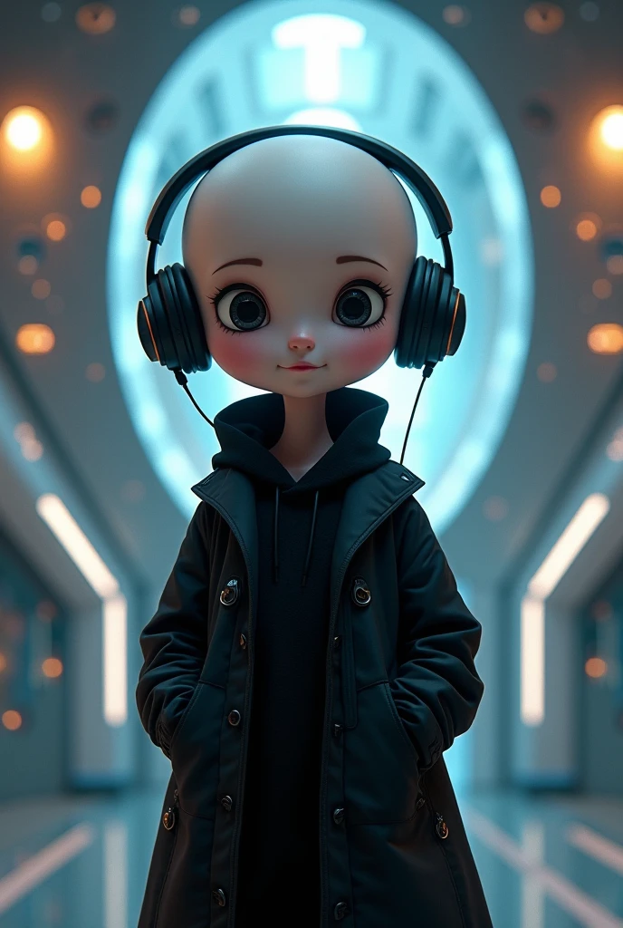 An alien, with albino and realistic skin, large head, short and thin neck, very large eyes and all black, which reflects the local lighting, a nose similar to that of humans but small, a mouth similar to that of humans but small, the body is thin and thin, the alien wears a white sleeve shirt with a letter made of small silver that appears to the right represented within a triangle of the same size, the clothing is inspired by the clothes used for surfing, the color to be used is red, pink chock and blue, as well as details of the environment, and manufactured with neoprene fabric, it is possible to notice a silver necklace hanging from his neck, with a pinjente in the triangular shape with an eye that sees everything in the center as a symbol. the alien is in a recording studio whose scenery is minimalist and features a gray background in gradient hue to circular white, the camera captures the image from the waist up, the alien presents friendly and light expressions, the alien interact with the camera always with a slight smile of satisfaction and tranquility,  The skin used and all the elements are of extreme realism, especially the skins, the lighting is an illumination inspired by the 80s.